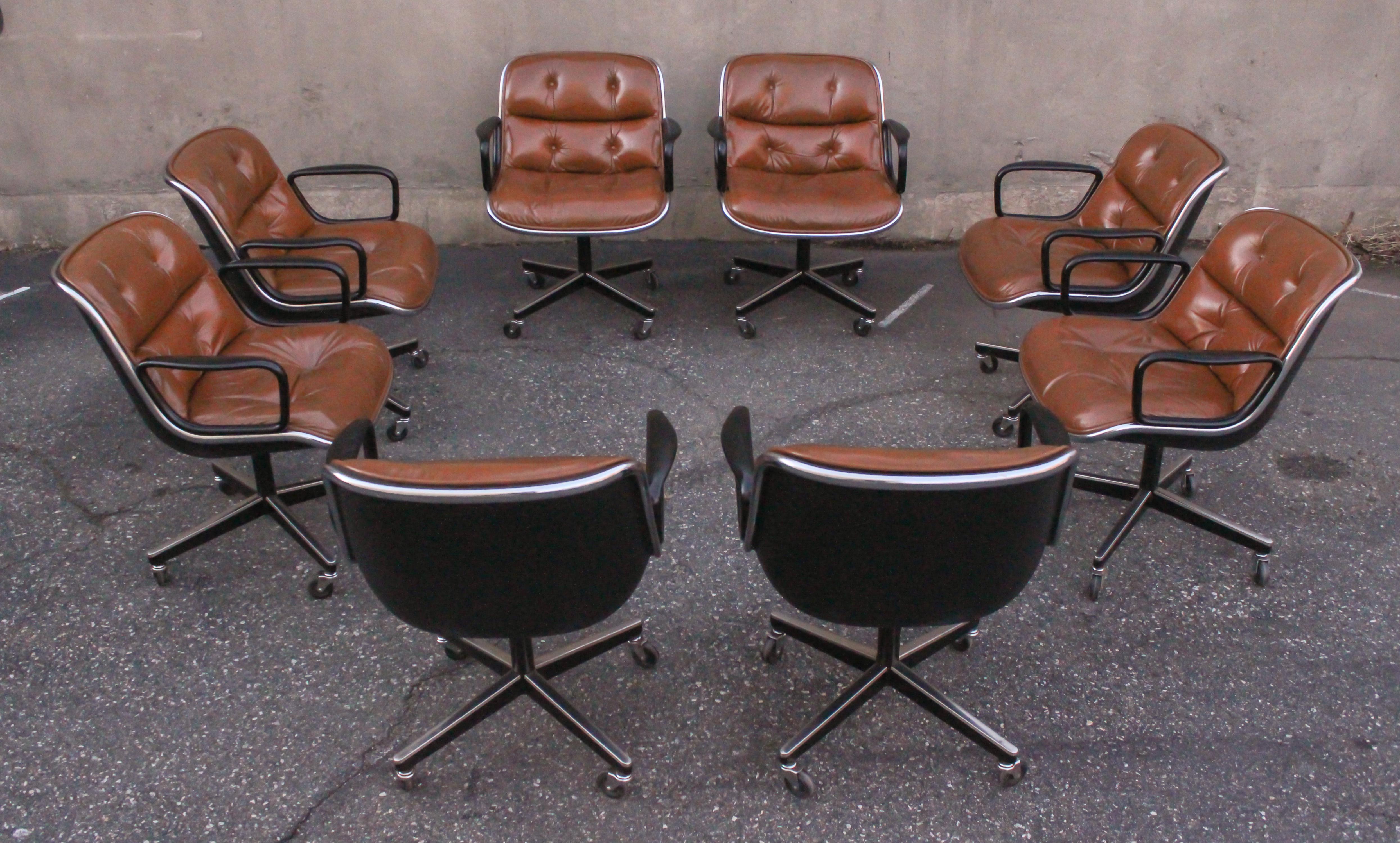 Set of Eight Charles Pollock for Knoll Armchairs in Chrome & Brown Leather MCM 4