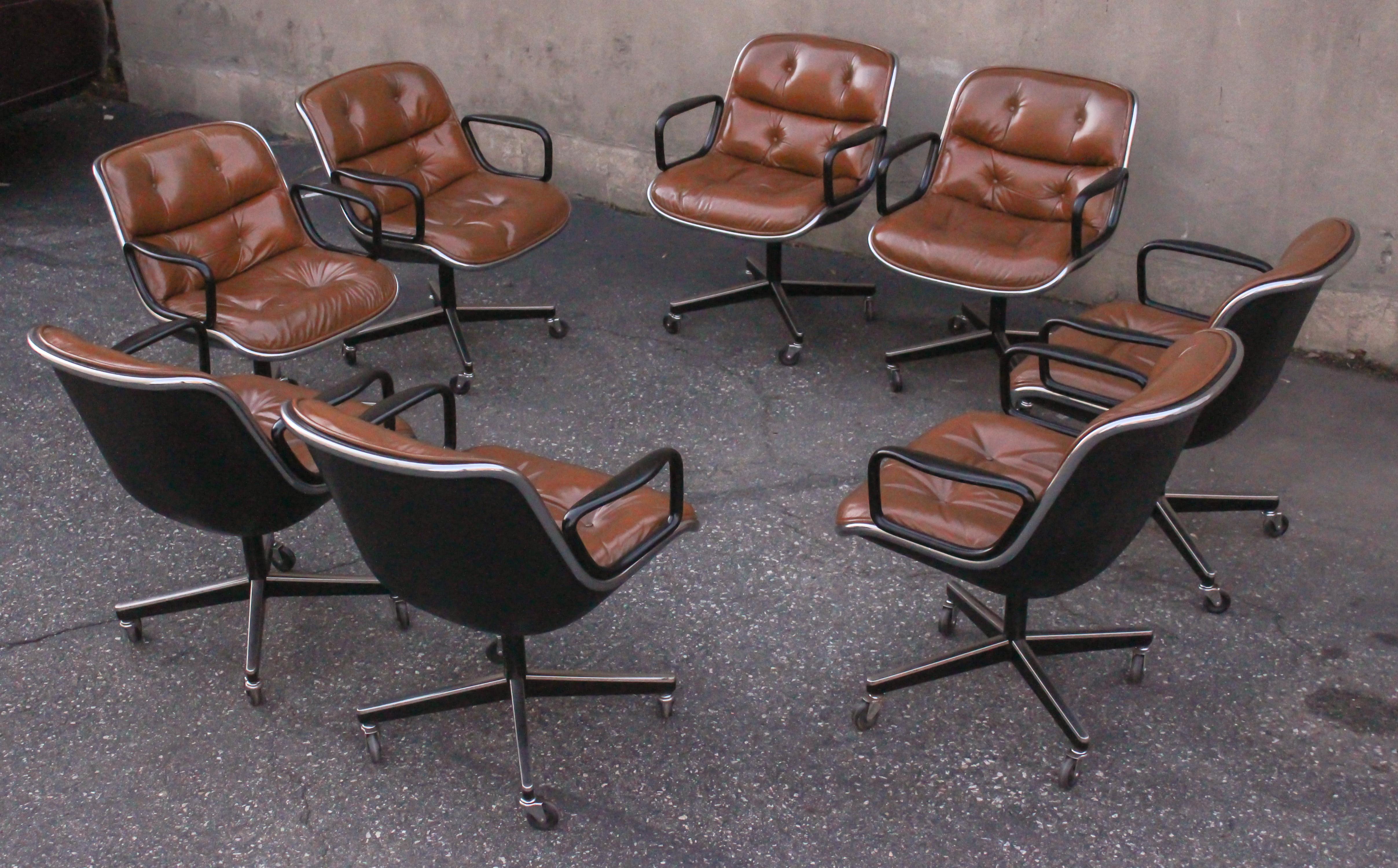 Set of Eight Charles Pollock for Knoll Armchairs in Chrome & Brown Leather MCM 5