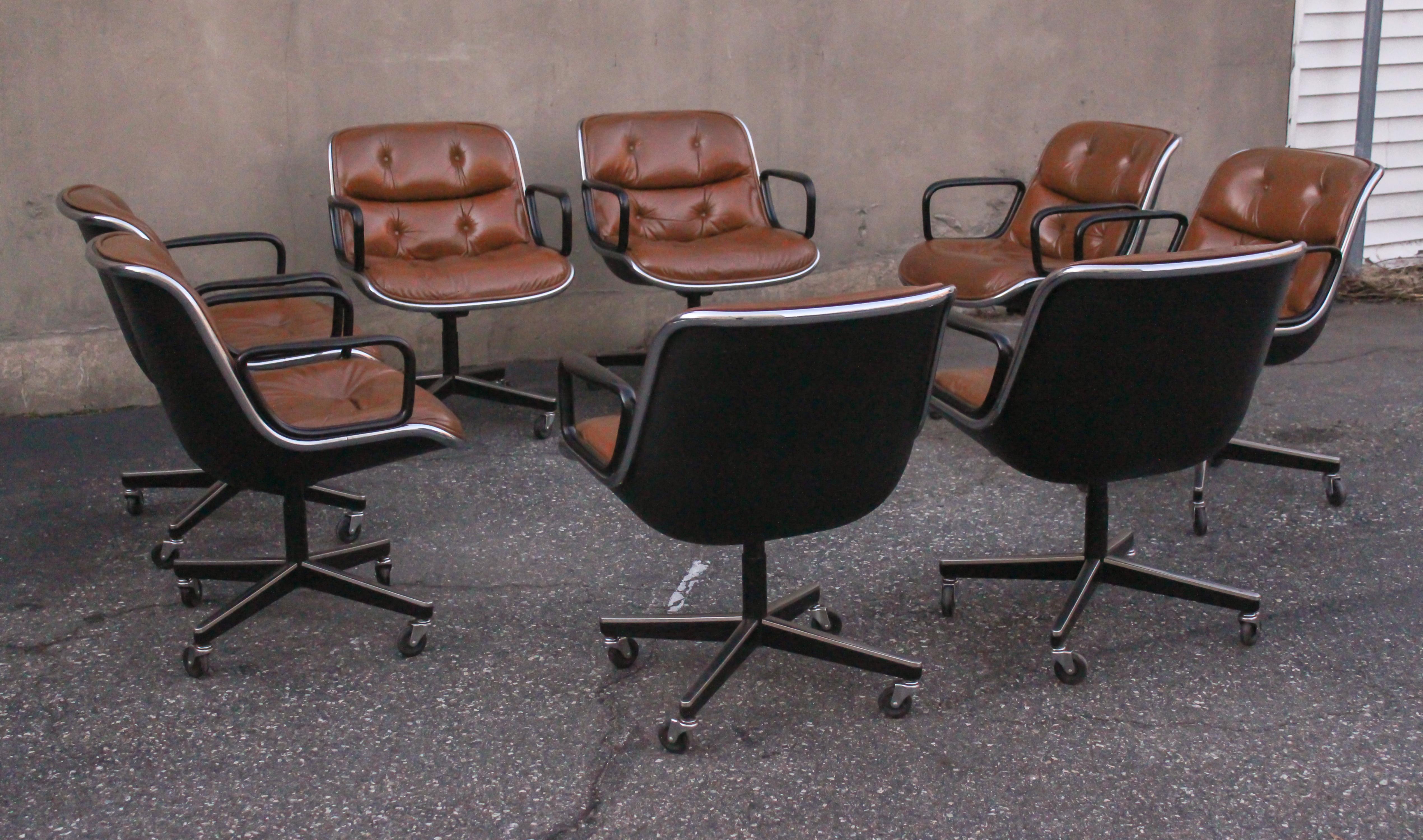 Set of Eight Charles Pollock for Knoll Armchairs in Chrome & Brown Leather MCM 6