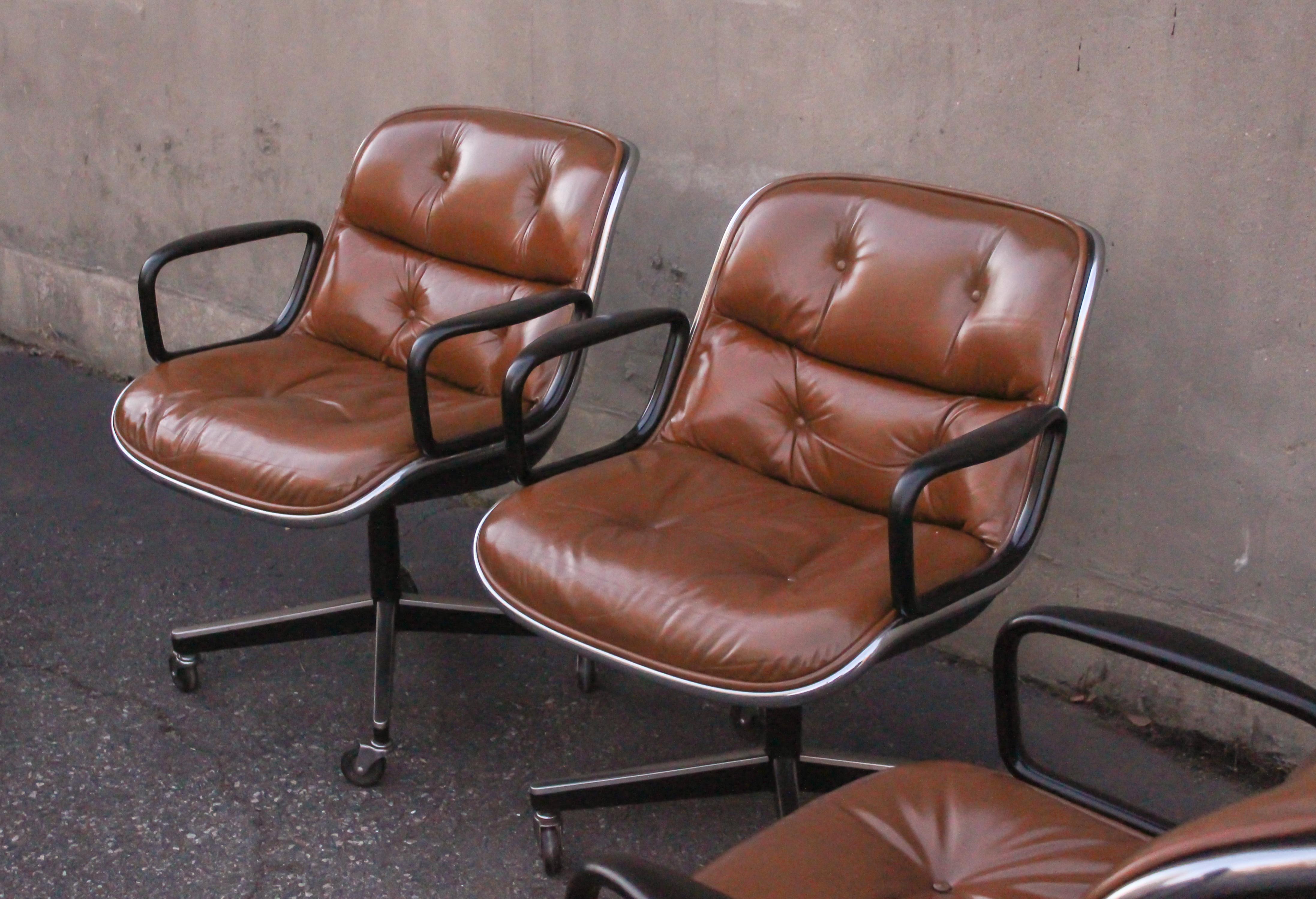 Set of Eight Charles Pollock for Knoll Armchairs in Chrome & Brown Leather MCM 7