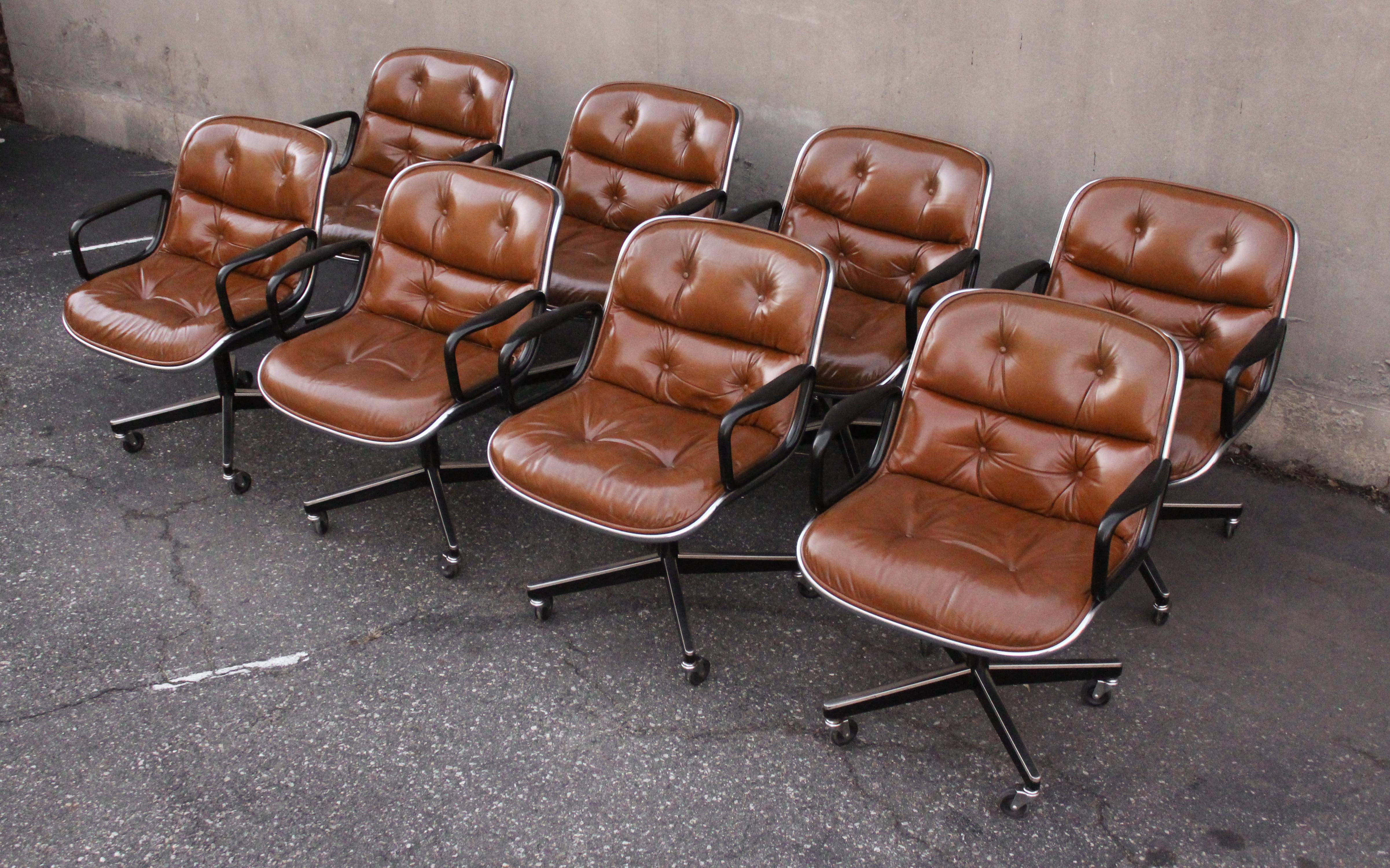 Mid-Century Modern Set of Eight Charles Pollock for Knoll Armchairs in Chrome & Brown Leather MCM
