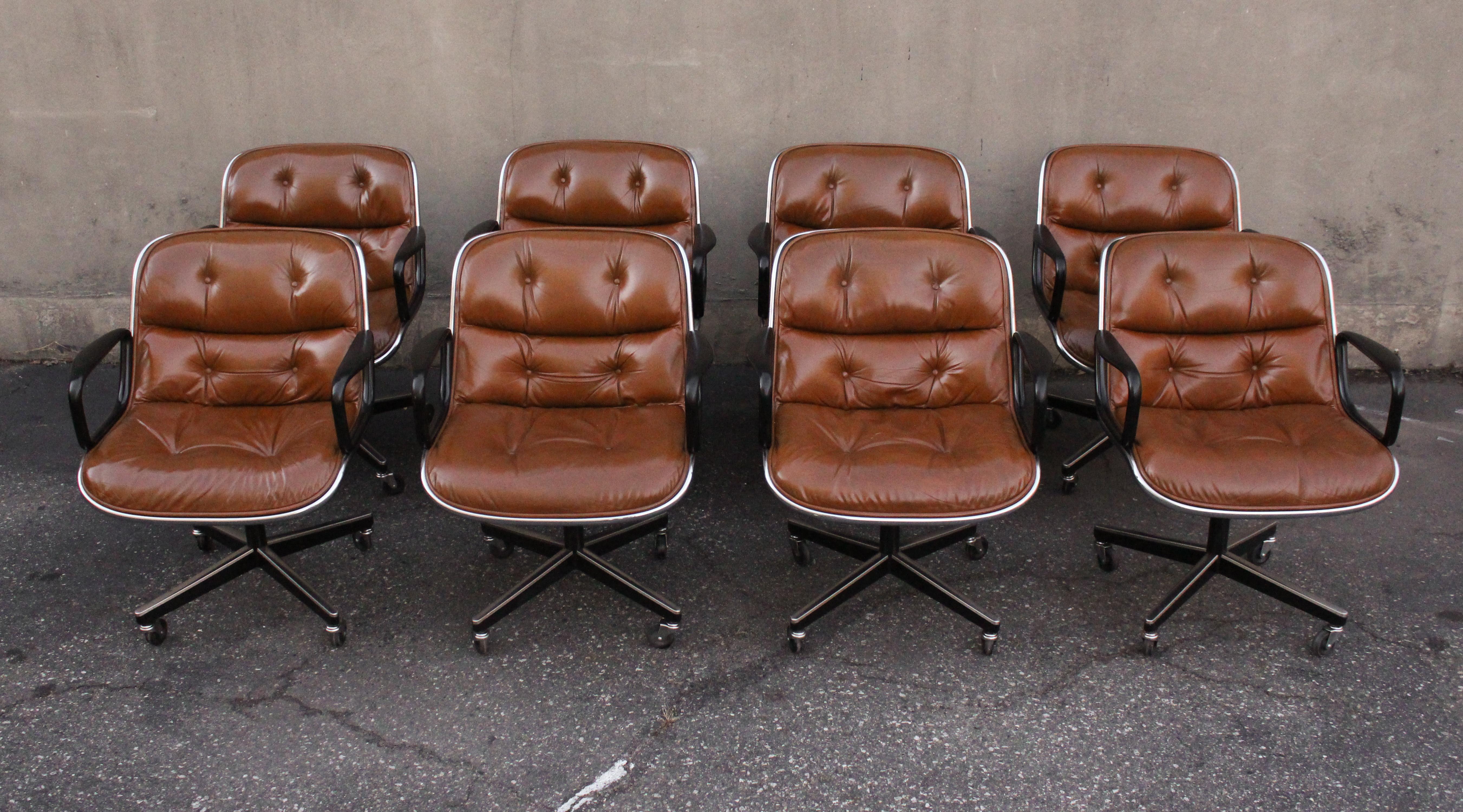 American Set of Eight Charles Pollock for Knoll Armchairs in Chrome & Brown Leather MCM