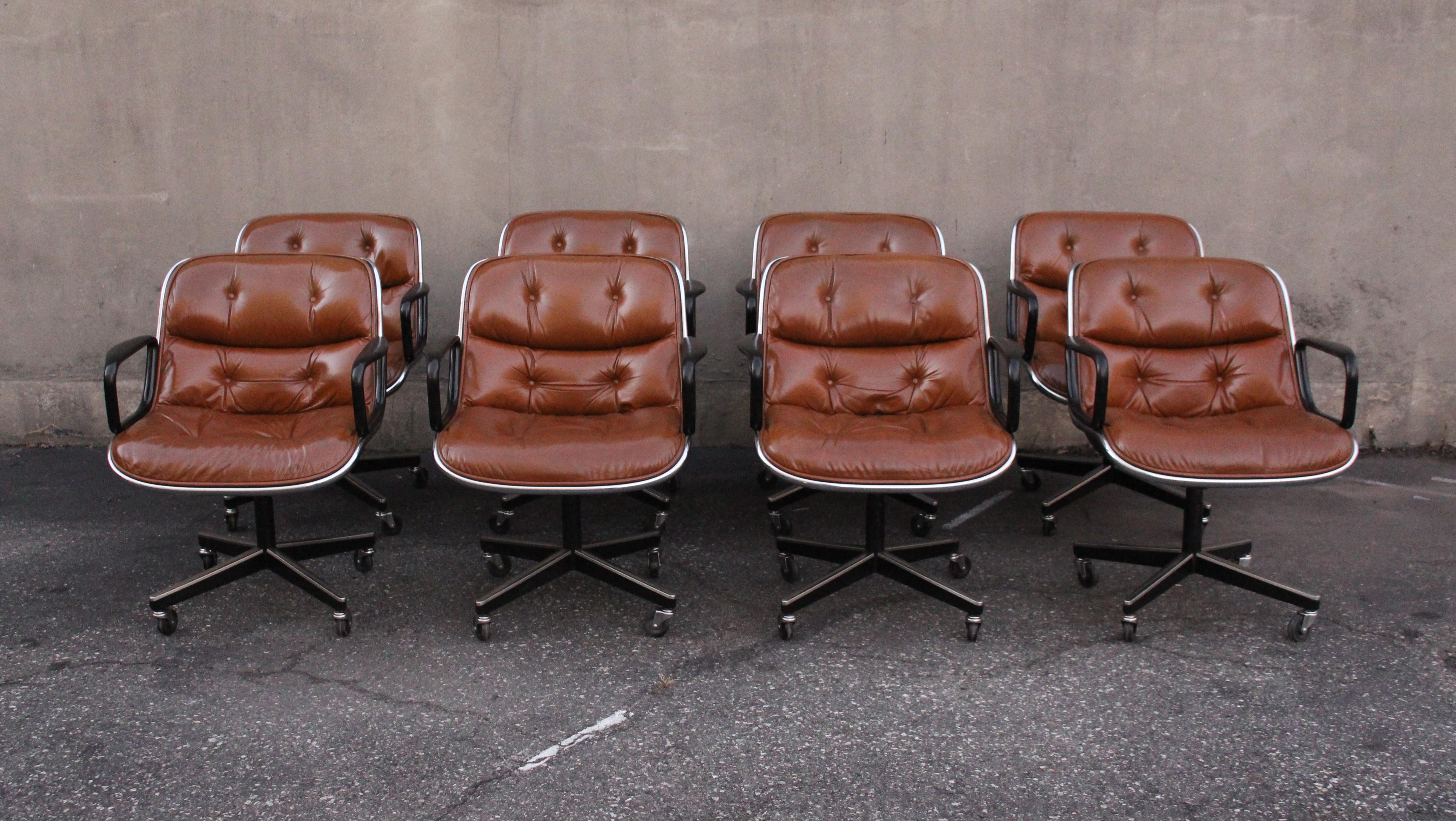 Set of Eight Charles Pollock for Knoll Armchairs in Chrome & Brown Leather MCM In Good Condition In Philadelphia, PA