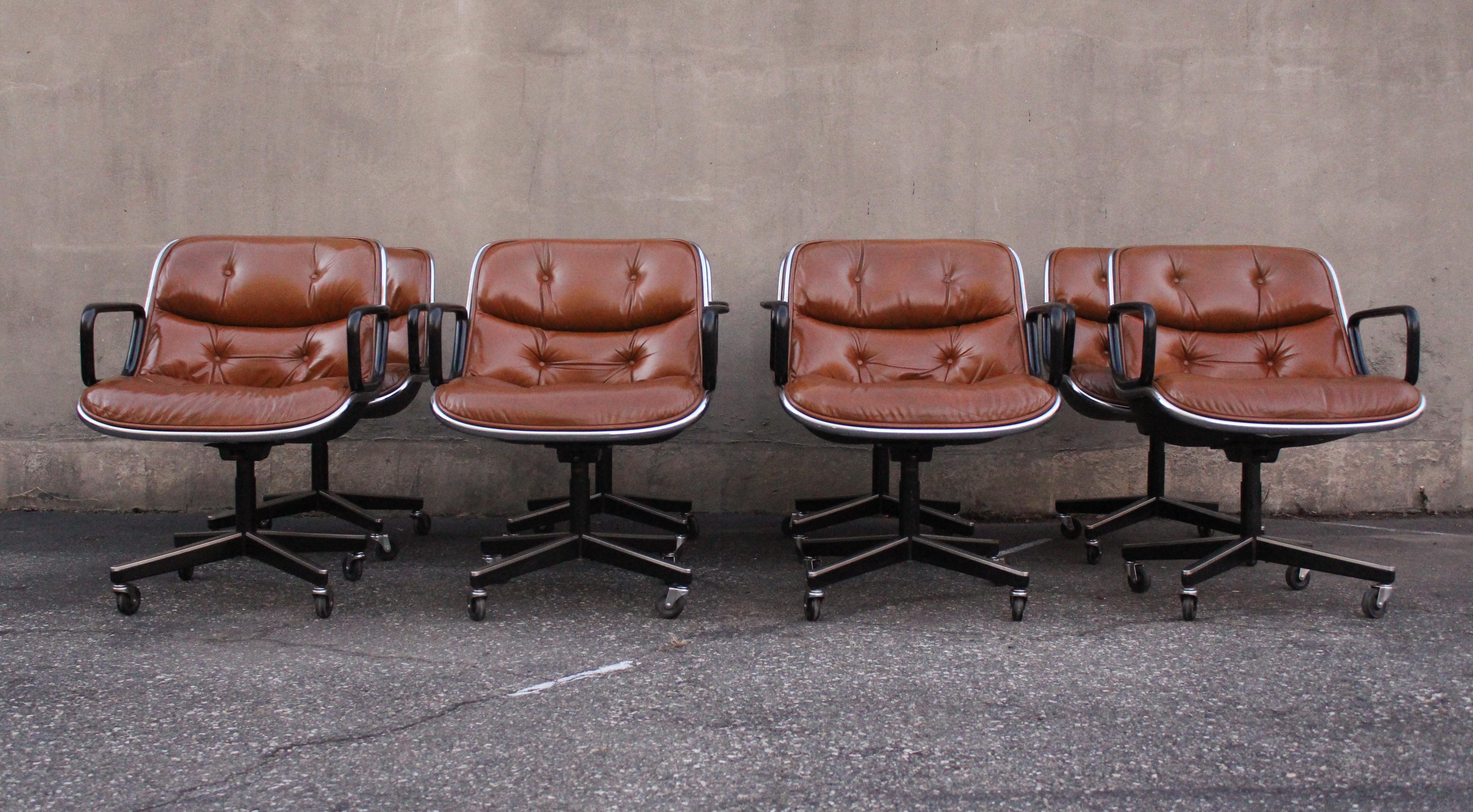 Late 20th Century Set of Eight Charles Pollock for Knoll Armchairs in Chrome & Brown Leather MCM