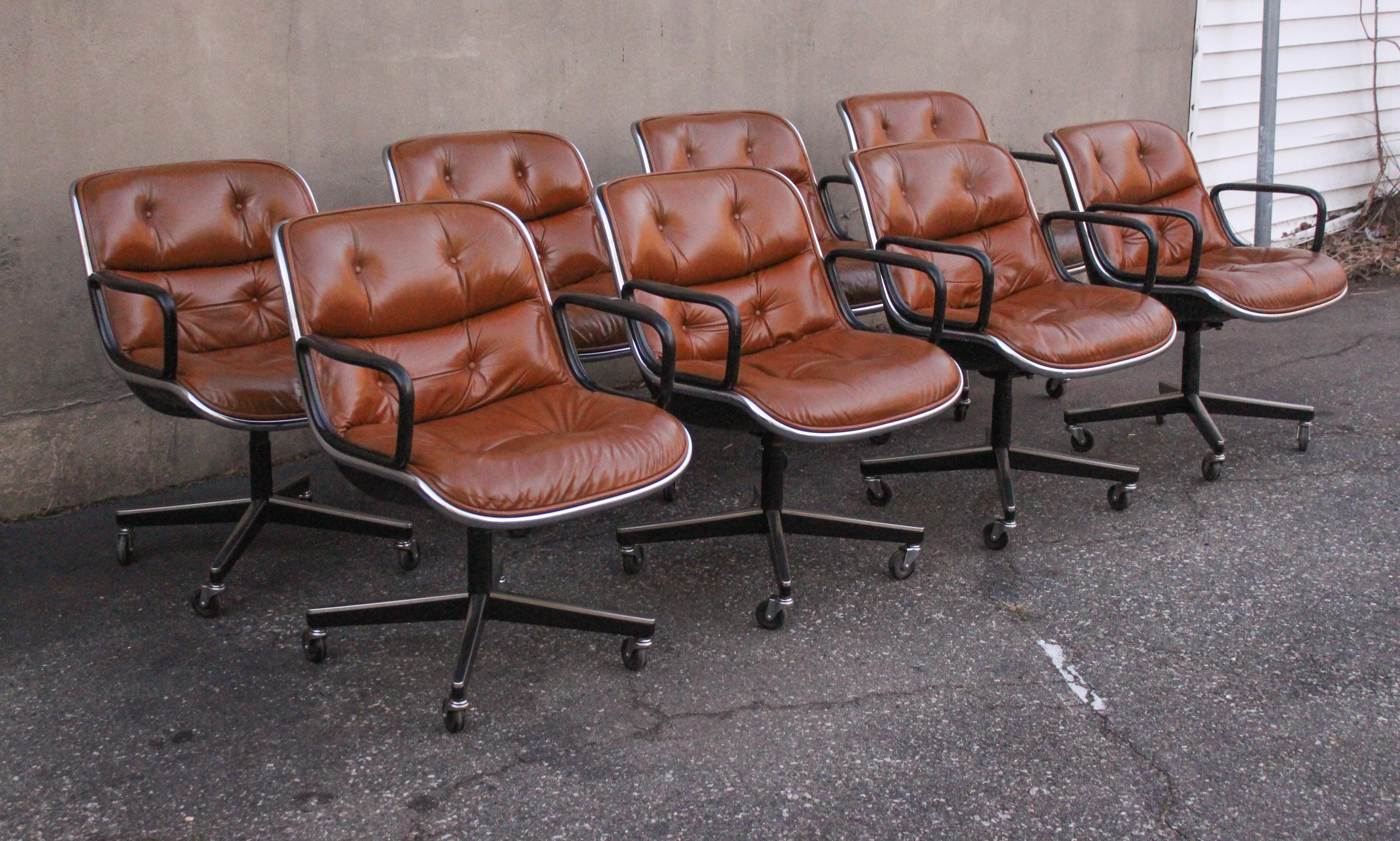 Steel Set of Eight Charles Pollock for Knoll Armchairs in Chrome & Brown Leather MCM
