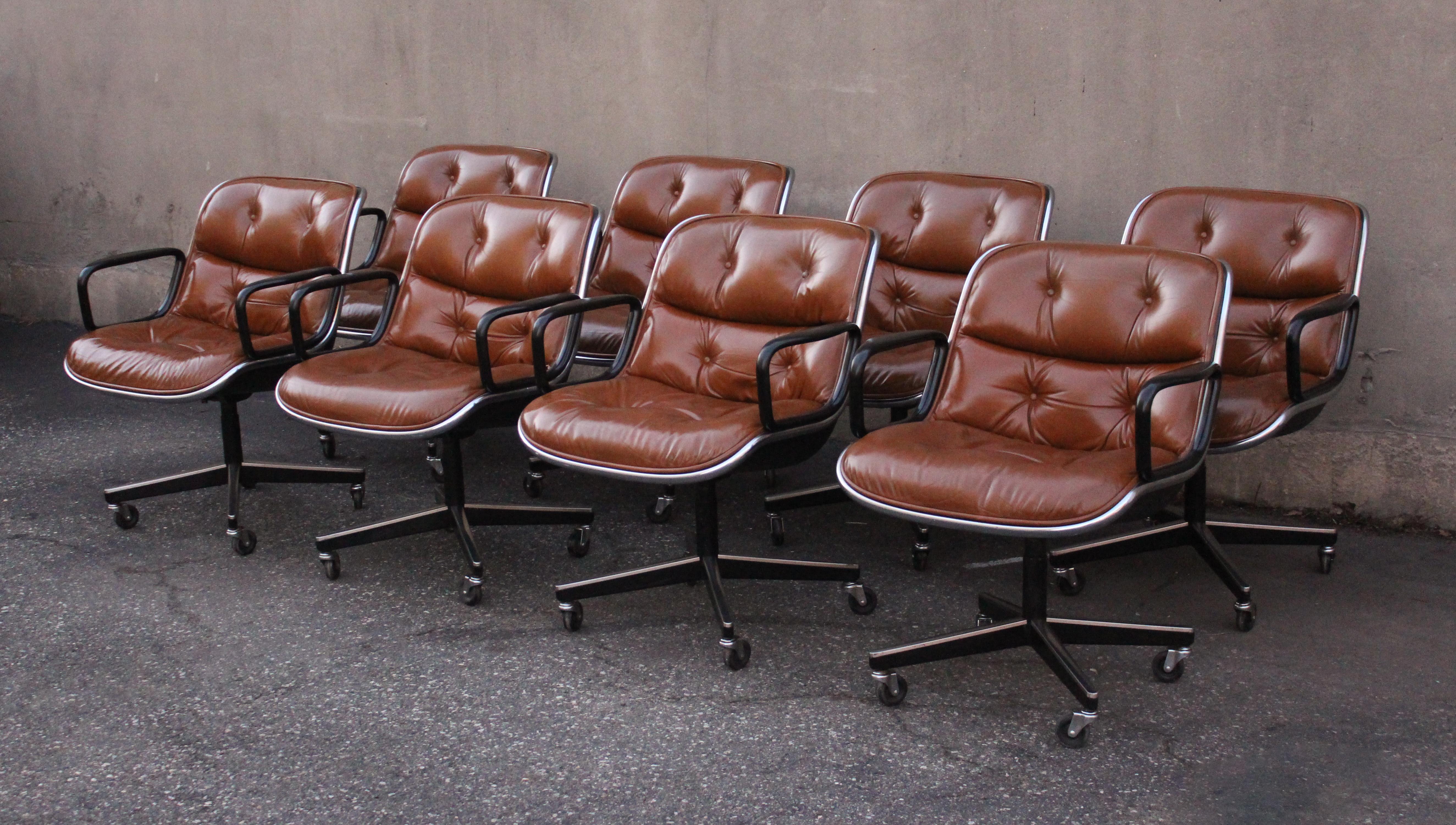 Set of Eight Charles Pollock for Knoll Armchairs in Chrome & Brown Leather MCM 1