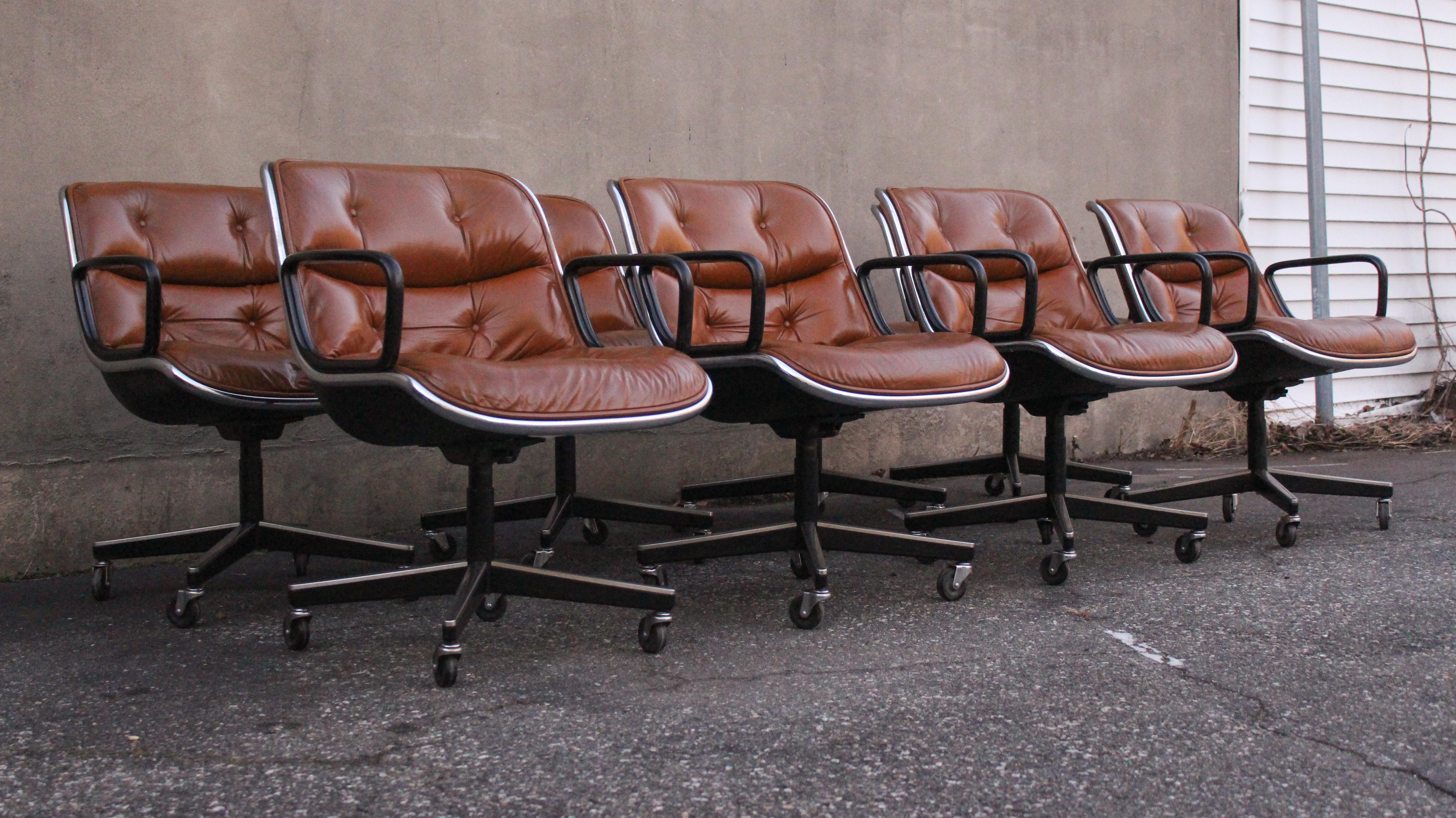 Set of Eight Charles Pollock for Knoll Armchairs in Chrome & Brown Leather MCM 2