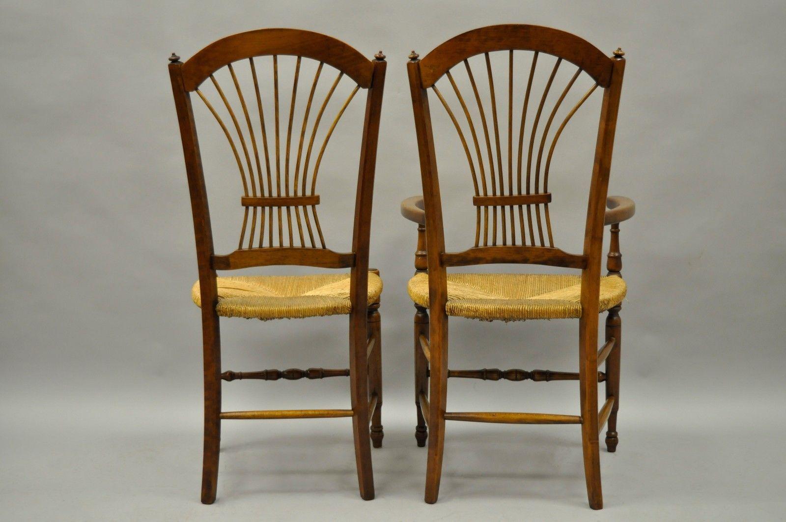 Set of Eight Cherrywood Wheat Sheaf Back Rush Seat Chairs, French Cottage 1