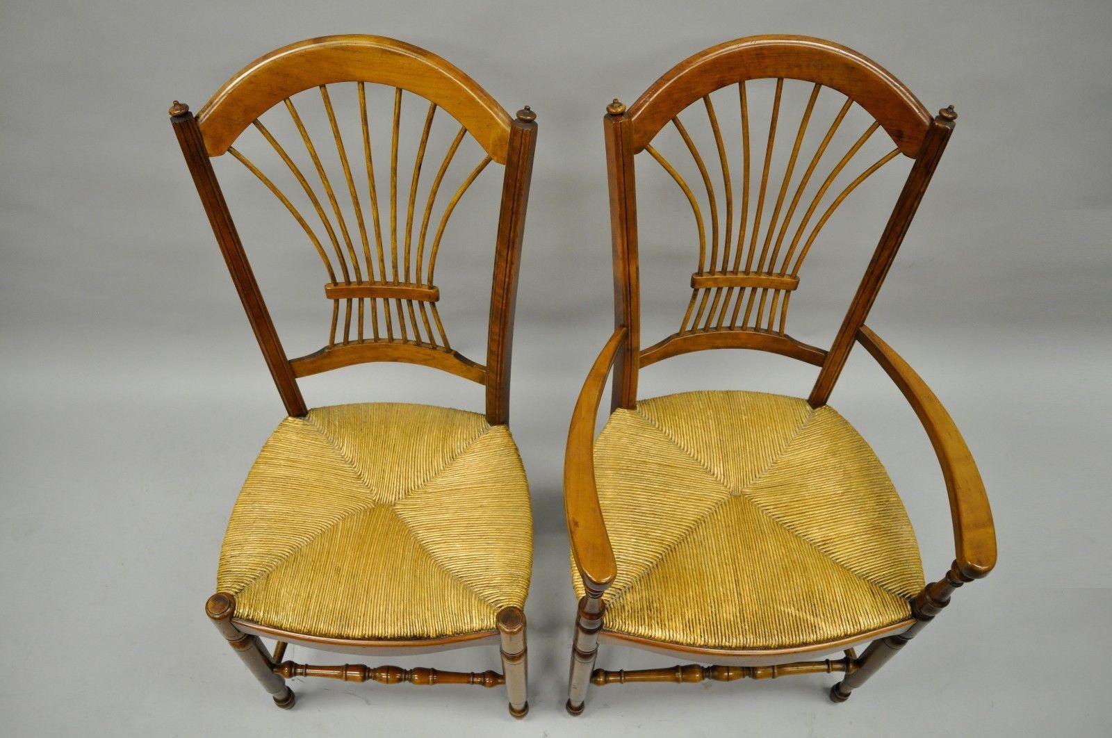 Set of Eight Cherrywood Wheat Sheaf Back Rush Seat Chairs, French Cottage 3