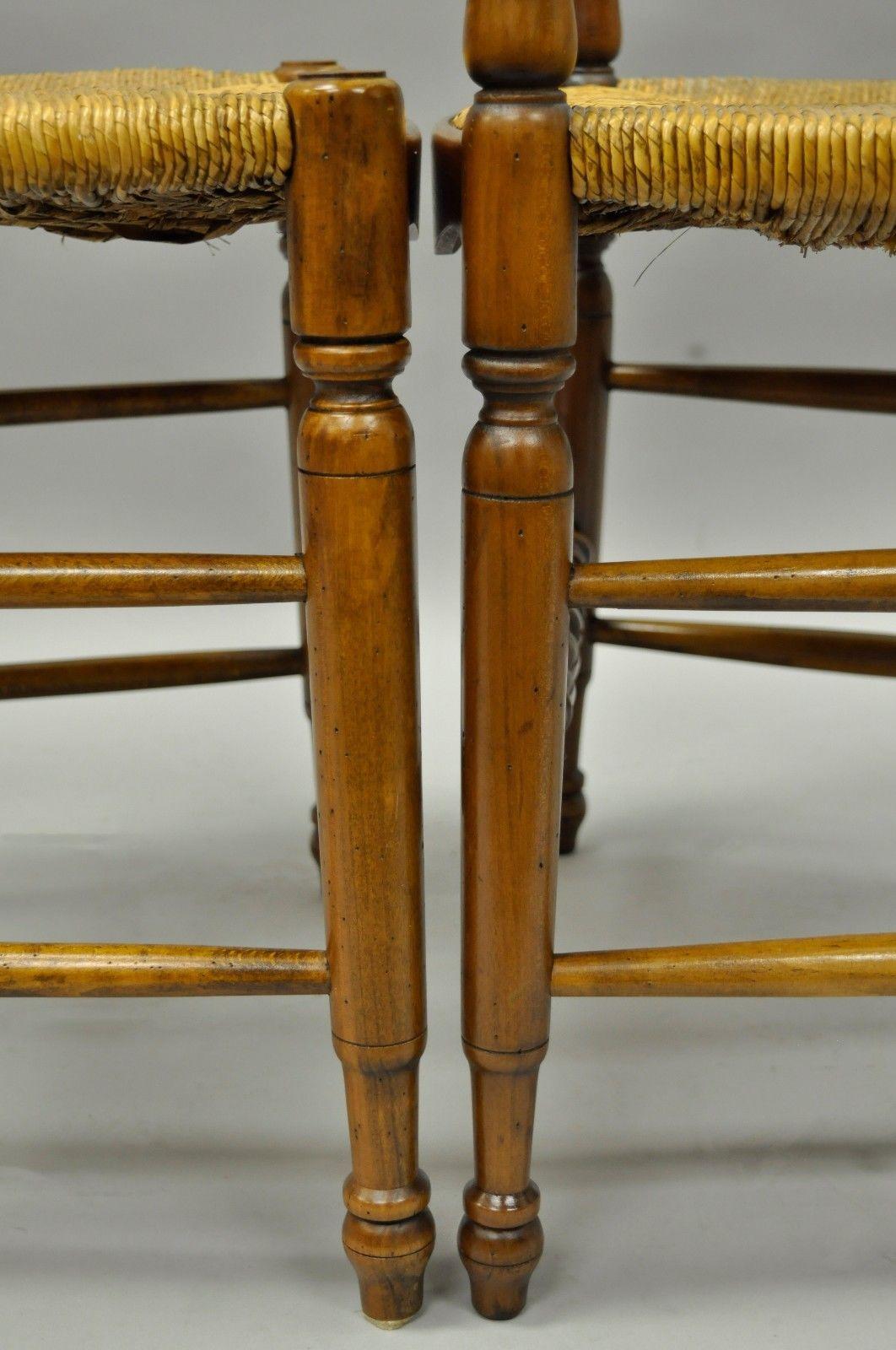 Country Set of Eight Cherrywood Wheat Sheaf Back Rush Seat Chairs, French Cottage