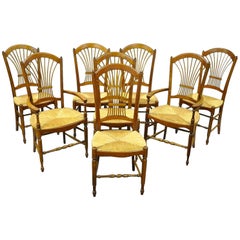 Set of Eight Cherrywood Wheat Sheaf Back Rush Seat Chairs, French Cottage