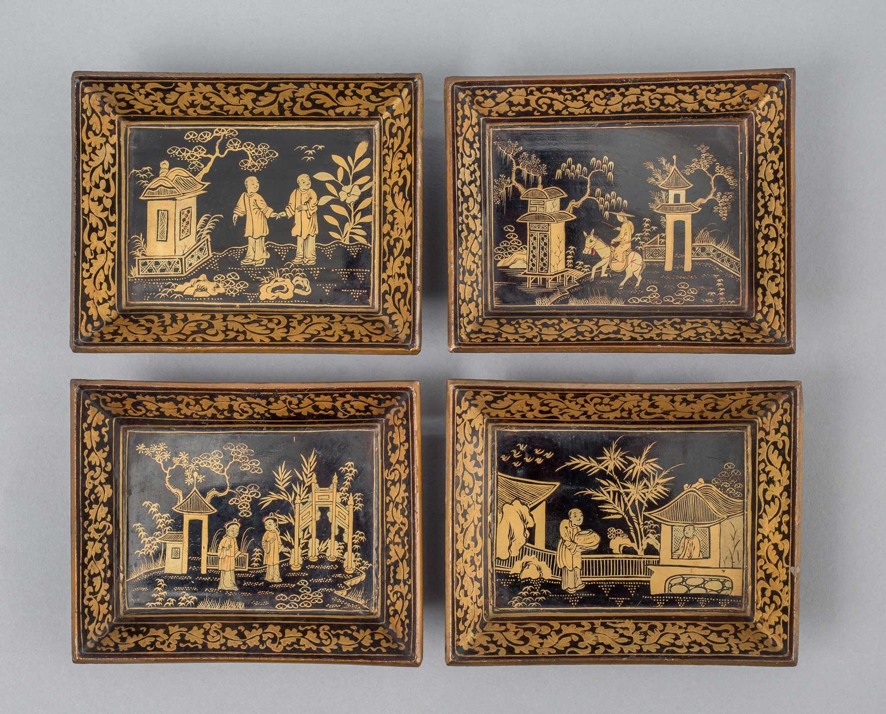 British Set of Eight Chinese Canton Small Lacquered Trays For Sale