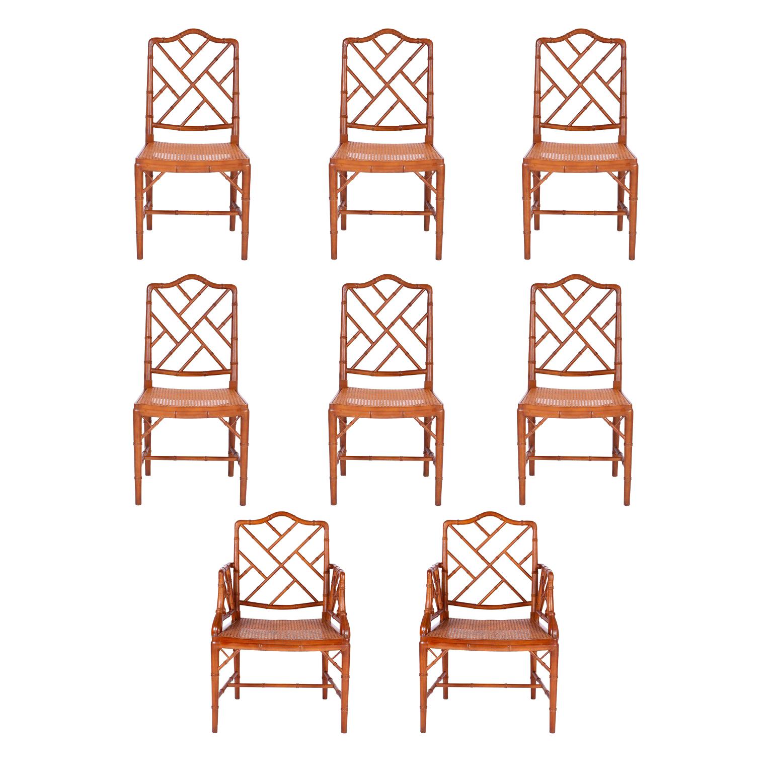 Set of Eight Chinese Chippendale Faux Bamboo Dining Chairs