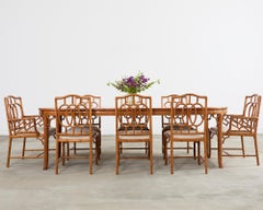 Set of Eight Chinese Chippendale Faux Bamboo Elm Dining Chairs