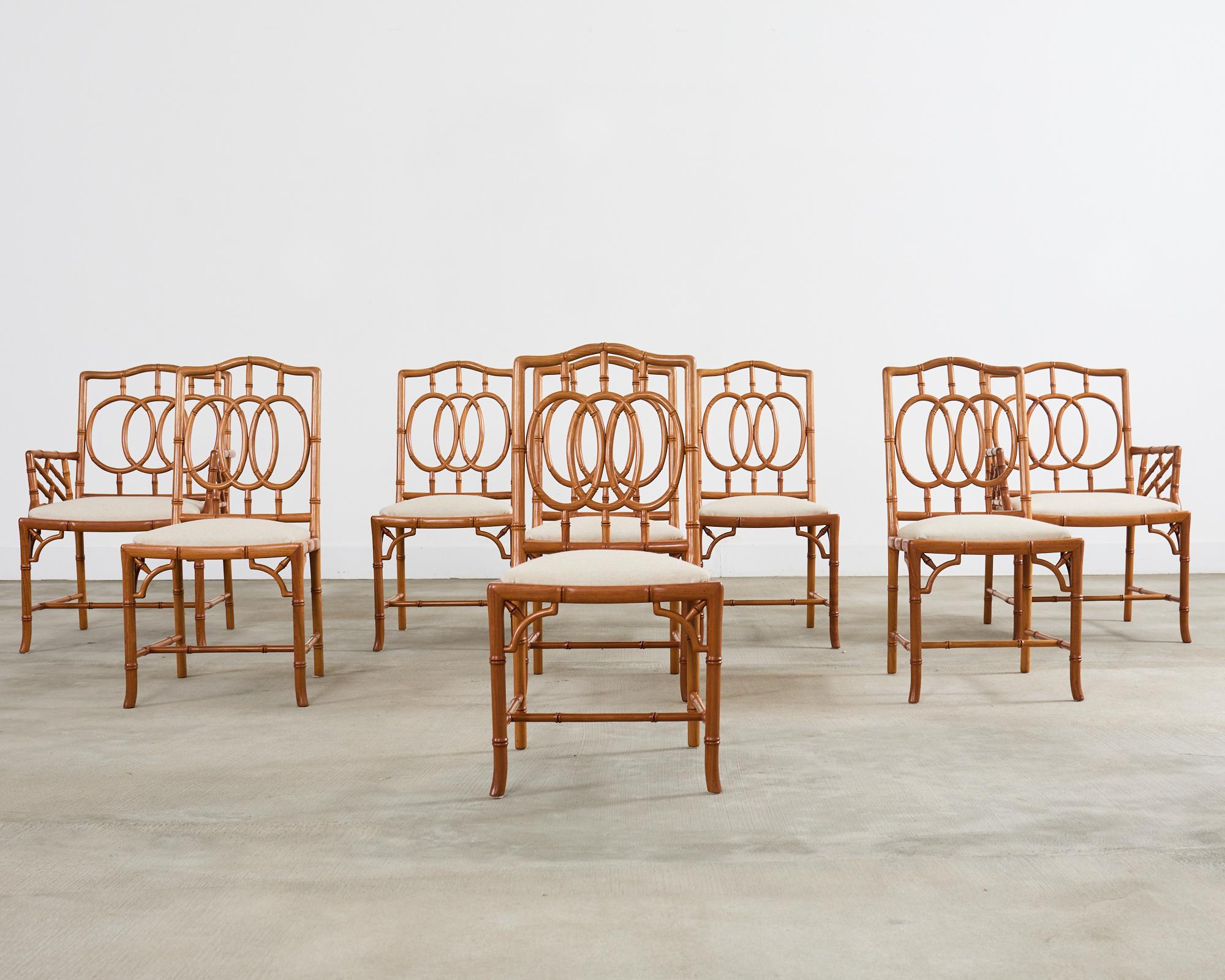 Hand-Crafted Set of Eight Chinese Chippendale Faux Bamboo Elm Dining Chairs