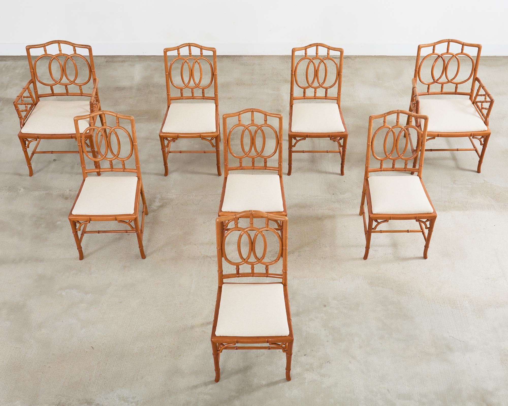 Set of Eight Chinese Chippendale Faux Bamboo Elm Dining Chairs In Good Condition In Rio Vista, CA