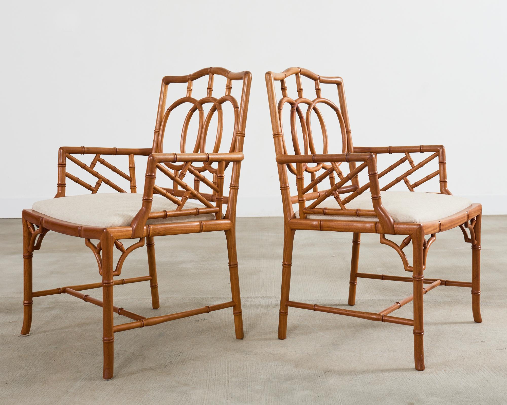Fabric Set of Eight Chinese Chippendale Faux Bamboo Elm Dining Chairs