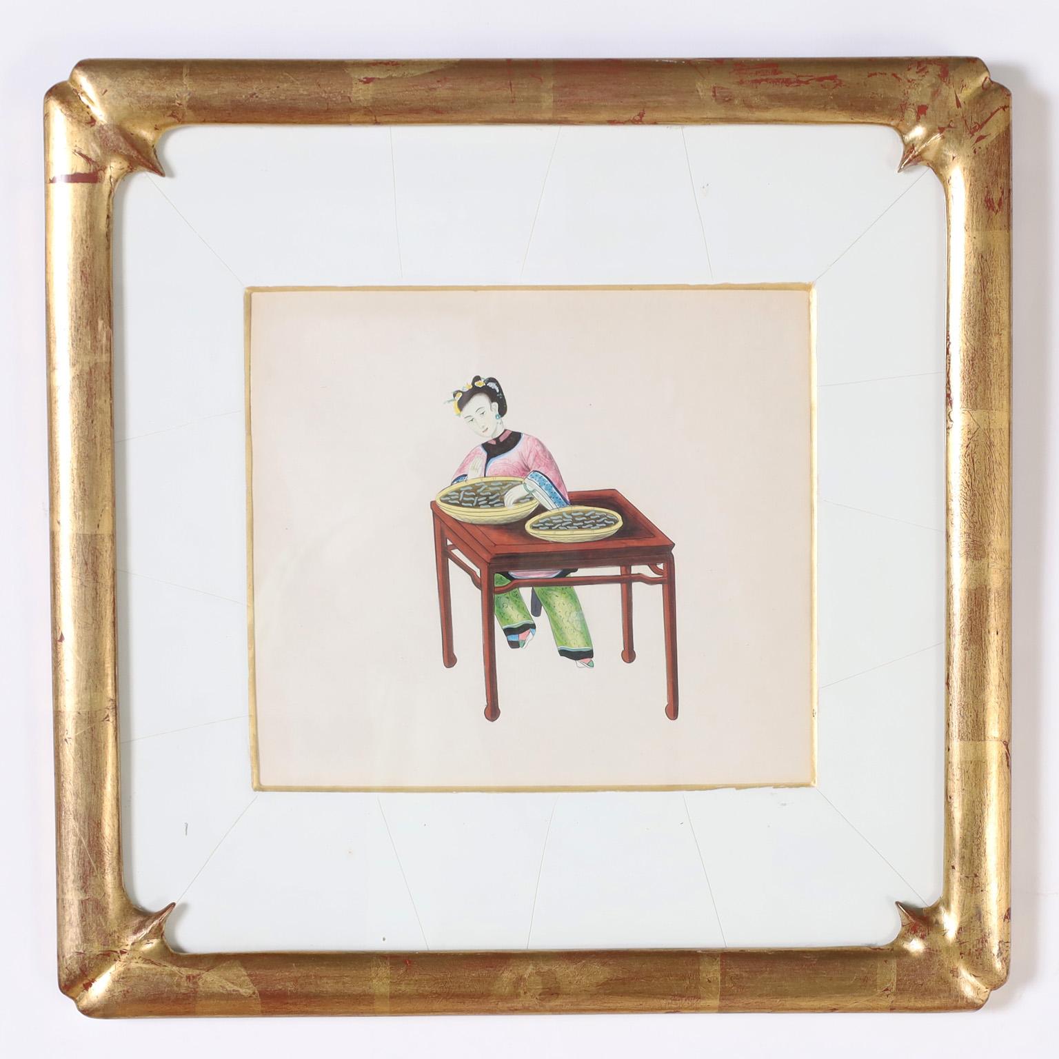 Set of Eight Chinese Watercolors of Working Women For Sale 3