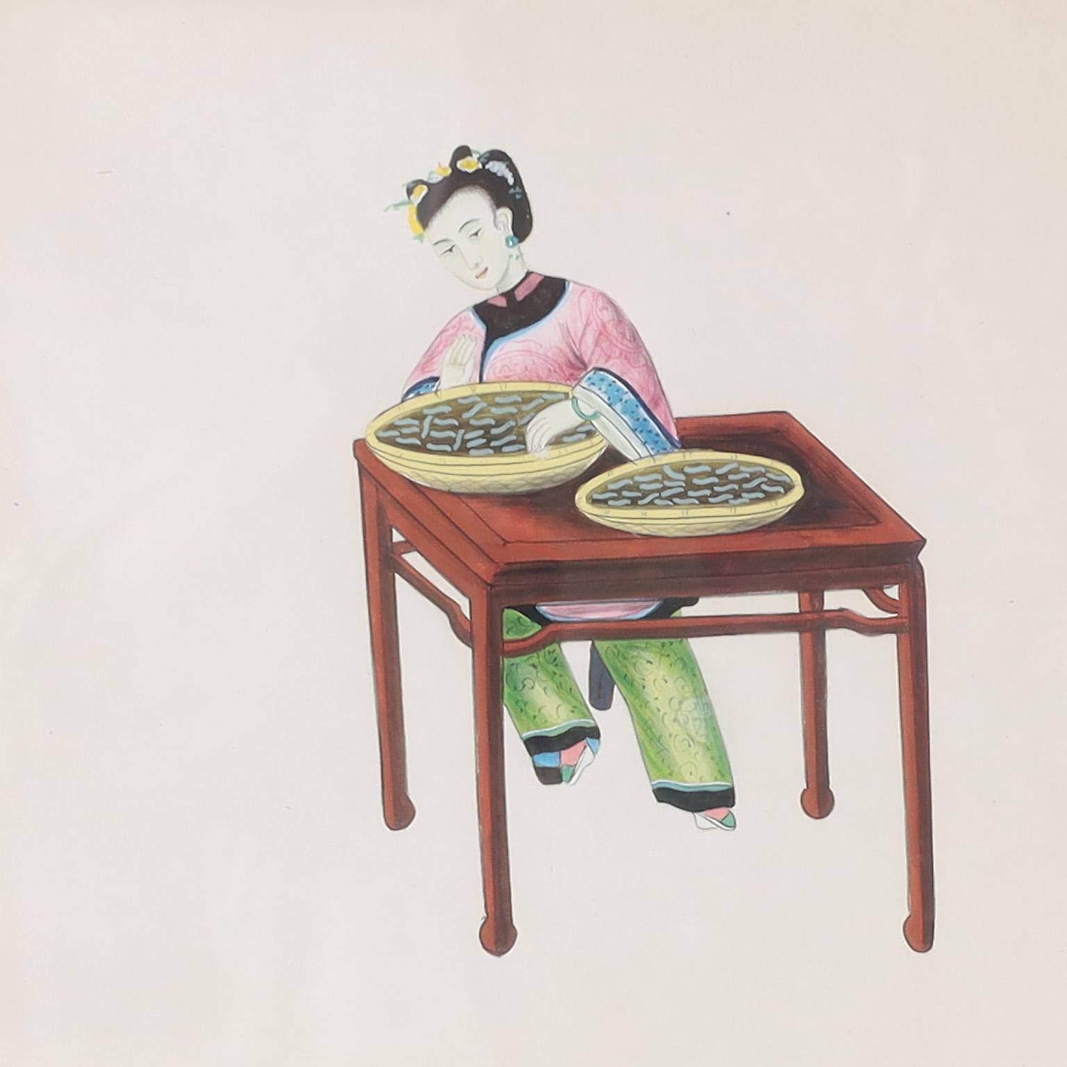Set of Eight Chinese Watercolors of Working Women For Sale 4