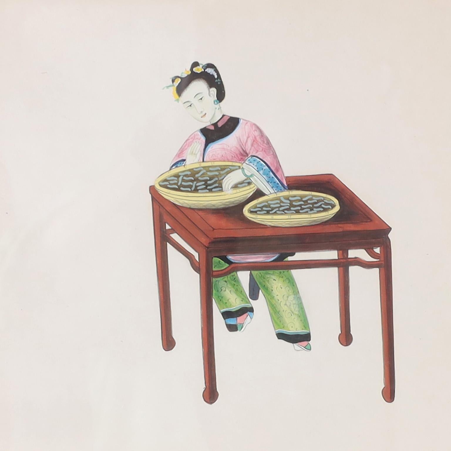 Set von acht chinesischen Aquarellen von arbeitenden Frauen im Angebot 3