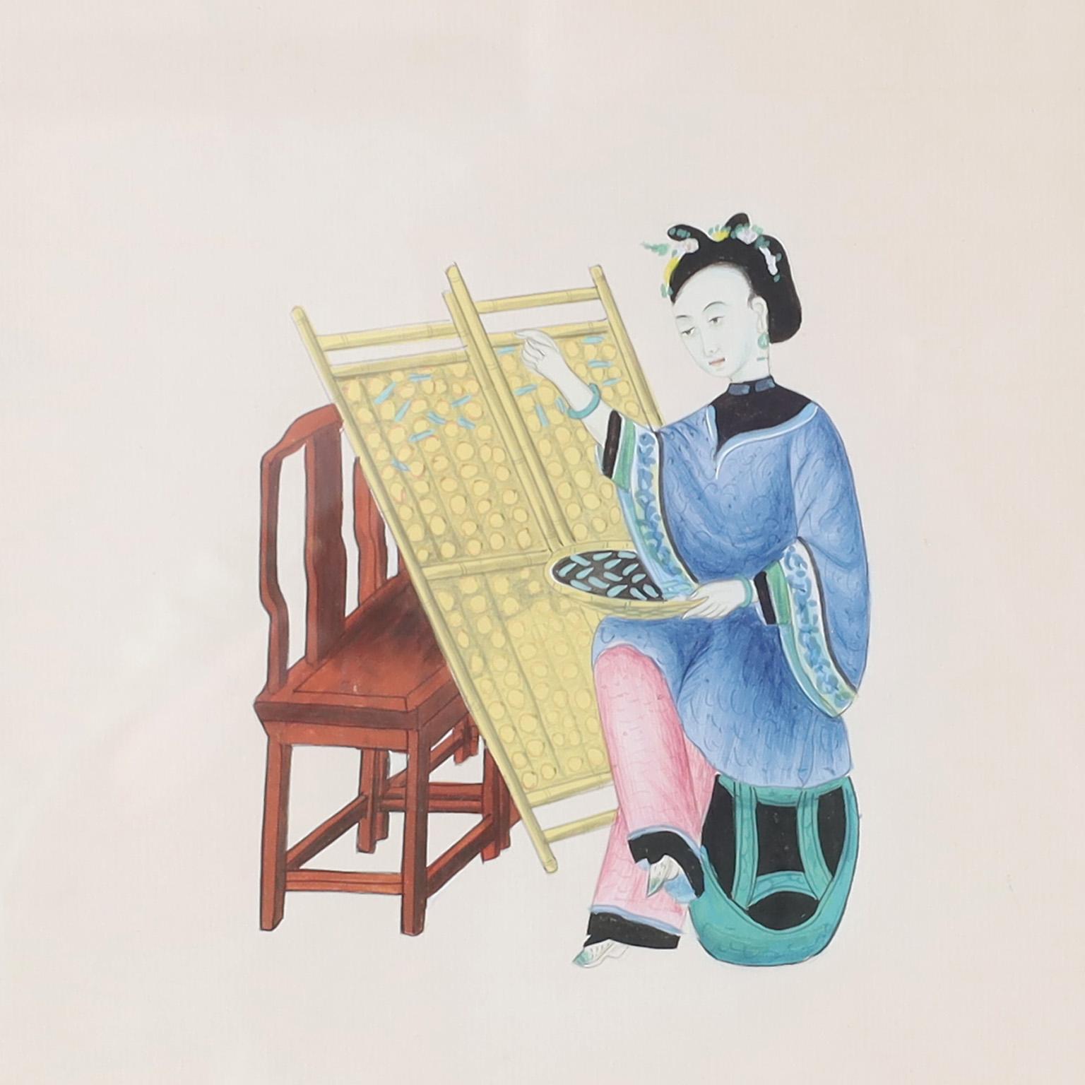 Set von acht chinesischen Aquarellen von arbeitenden Frauen im Angebot 5