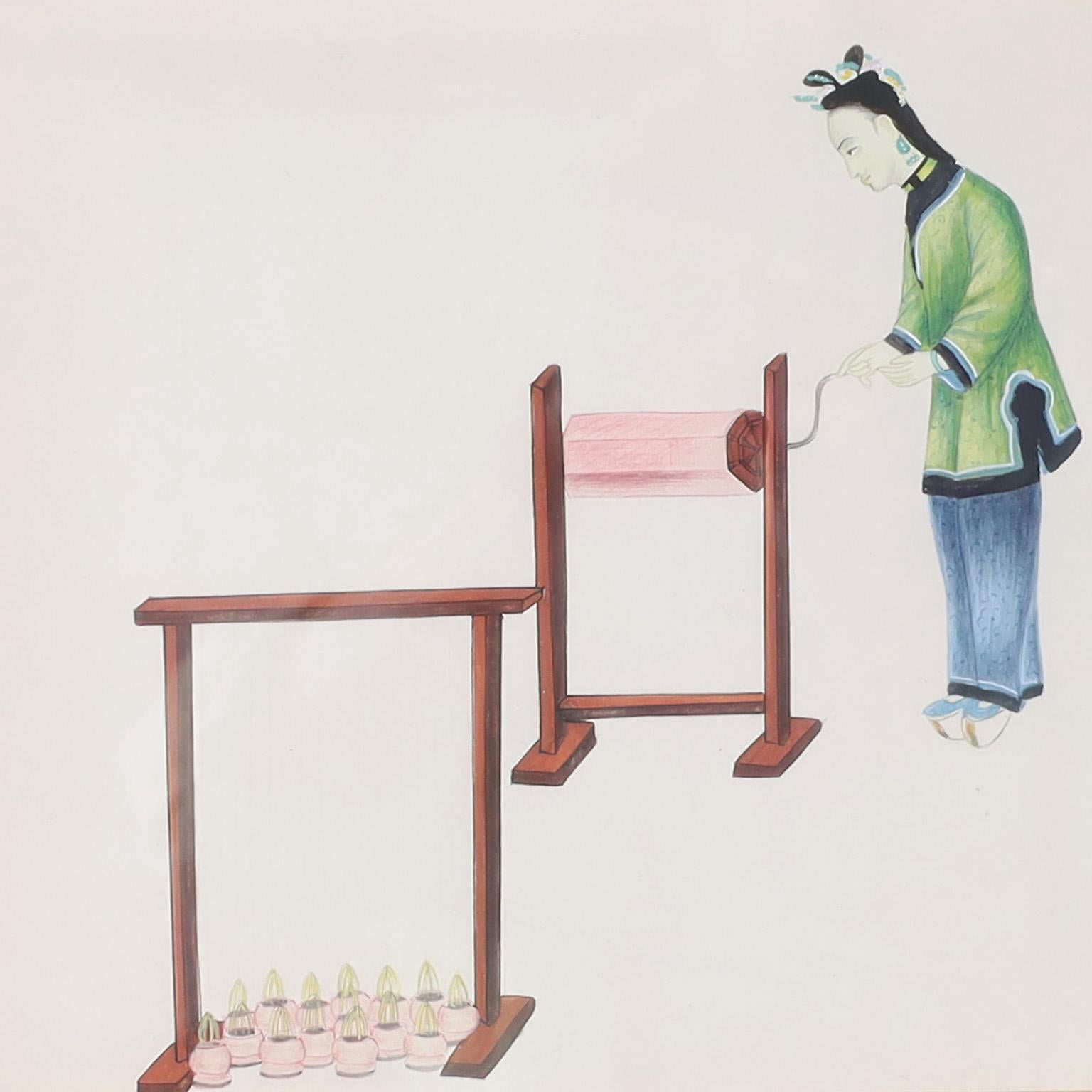 Set von acht chinesischen Aquarellen von arbeitenden Frauen im Angebot 7