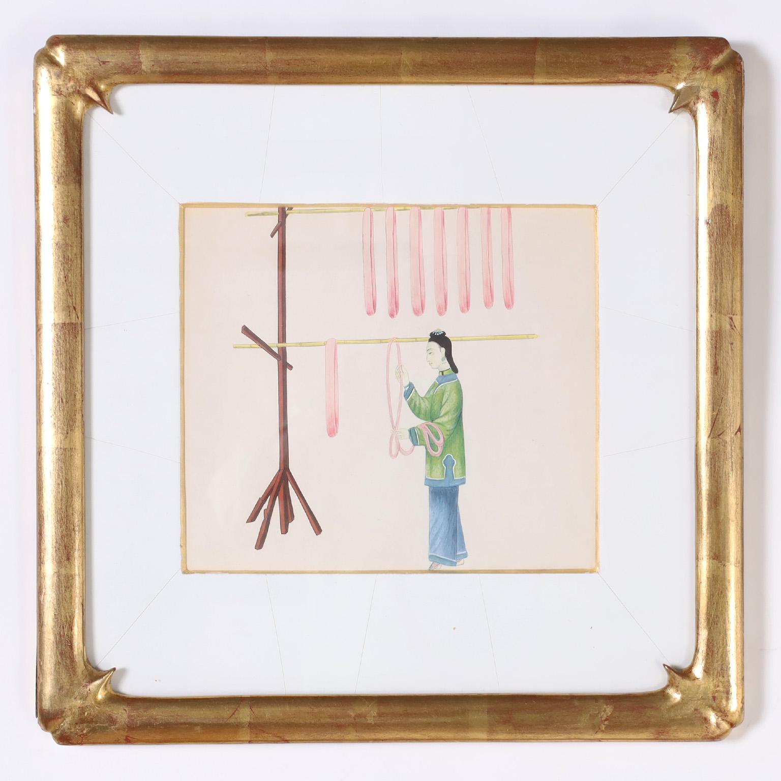 Set von acht chinesischen Aquarellen von arbeitenden Frauen im Angebot 8