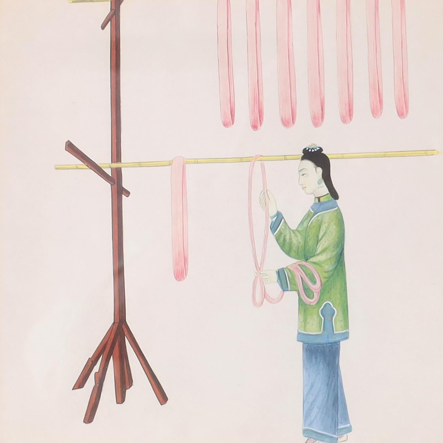 Set of Eight Chinese Watercolors of Working Women For Sale 10
