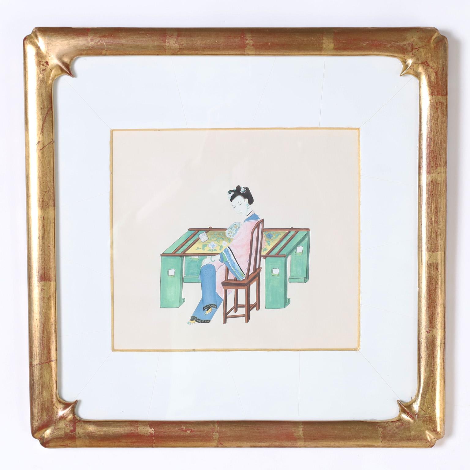 Rare antique set of eight Chinese watercolors depicting women in various occupations executed in a traditional delicate style on pith. Presented in a gilt carved wood Asian style frame under glass.