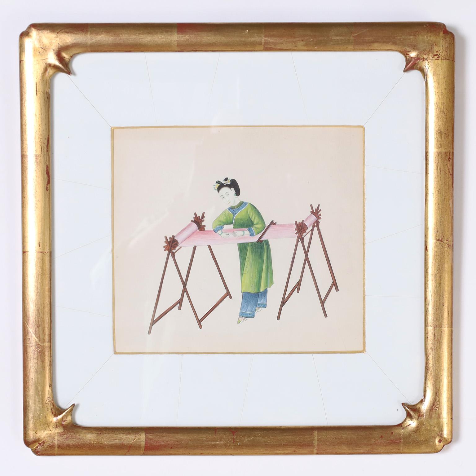 Hand-Painted Set of Eight Chinese Watercolors of Working Women For Sale
