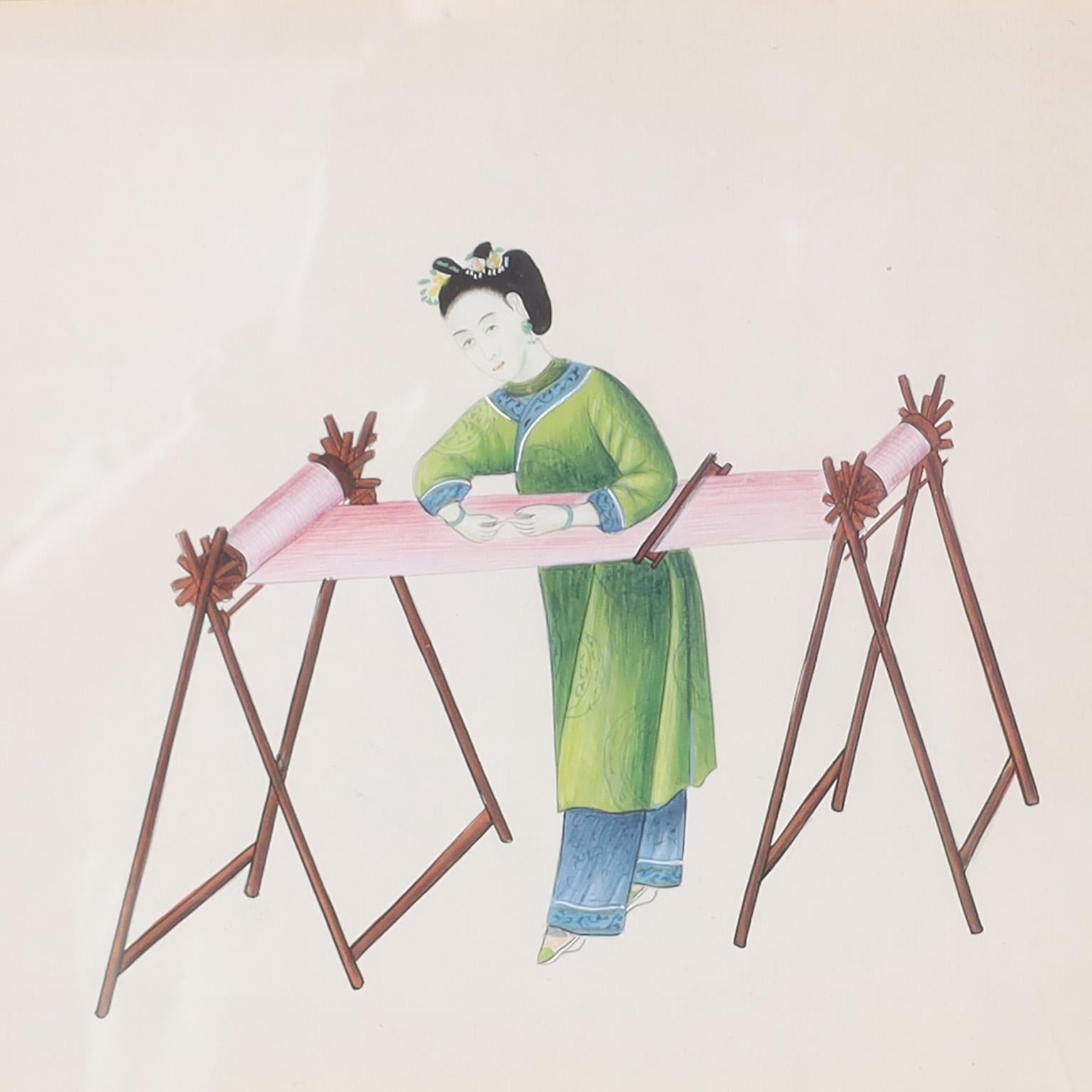 Set of Eight Chinese Watercolors of Working Women In Good Condition For Sale In Palm Beach, FL