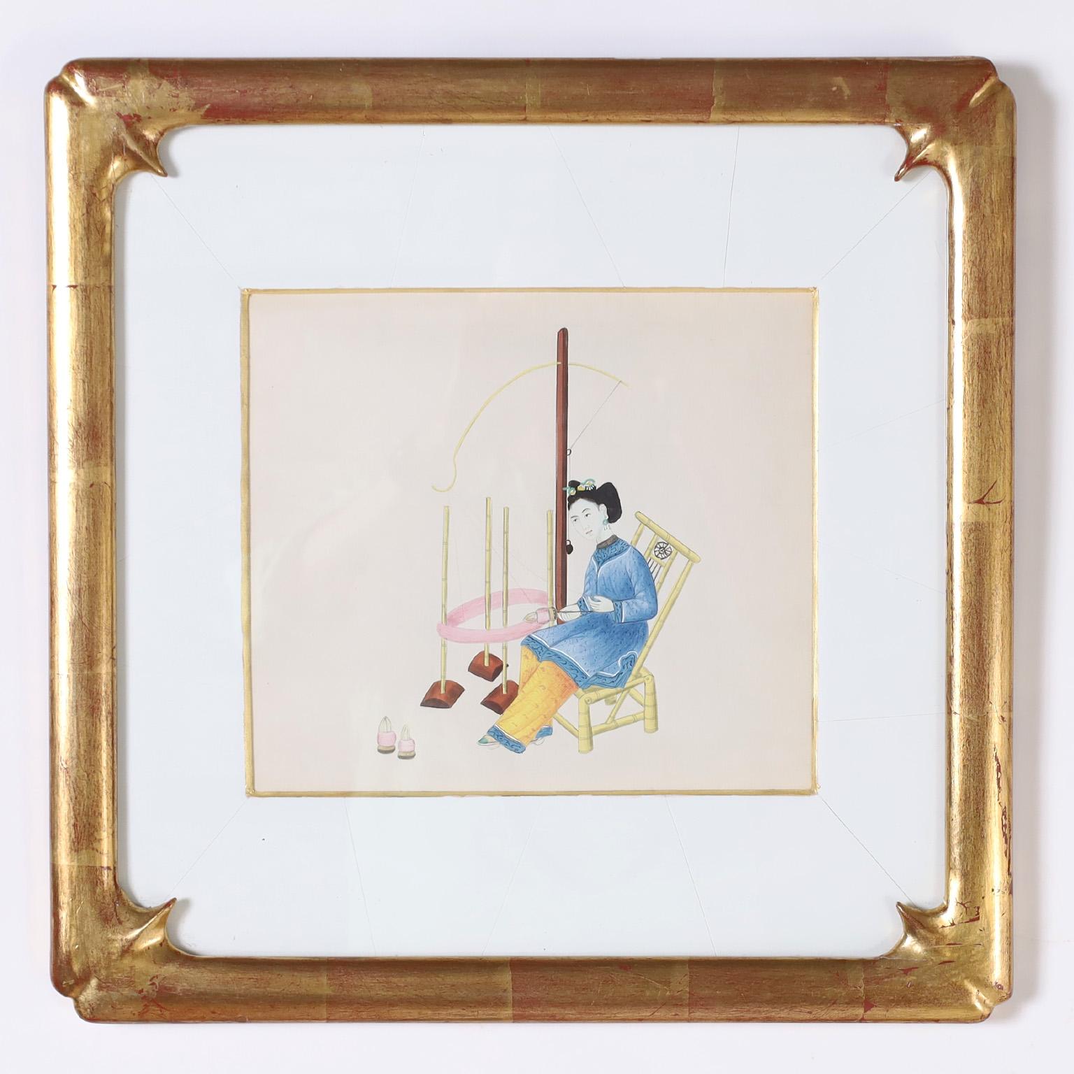Set von acht chinesischen Aquarellen von arbeitenden Frauen im Zustand „Gut“ im Angebot in Palm Beach, FL
