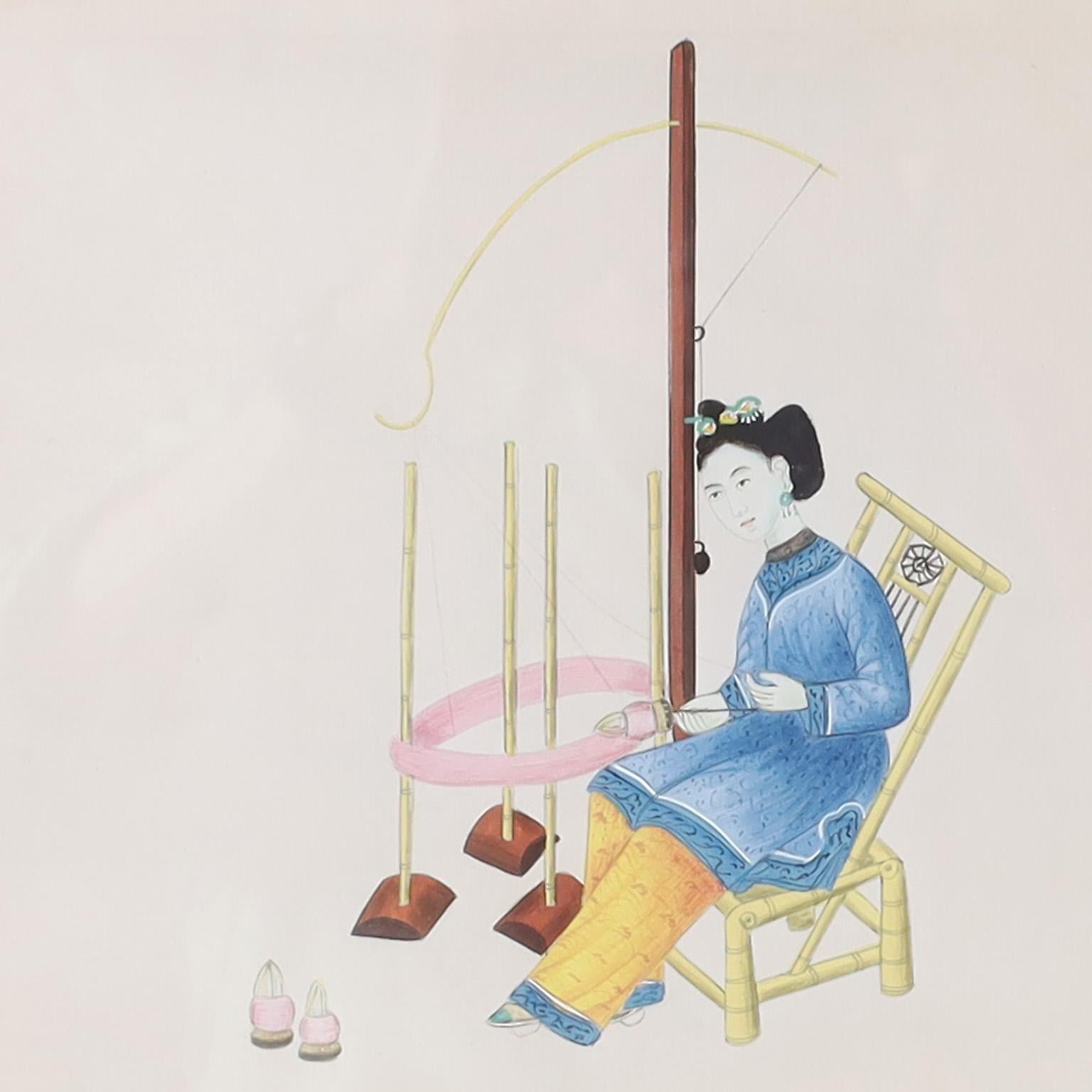 Set von acht chinesischen Aquarellen von arbeitenden Frauen (20. Jahrhundert) im Angebot