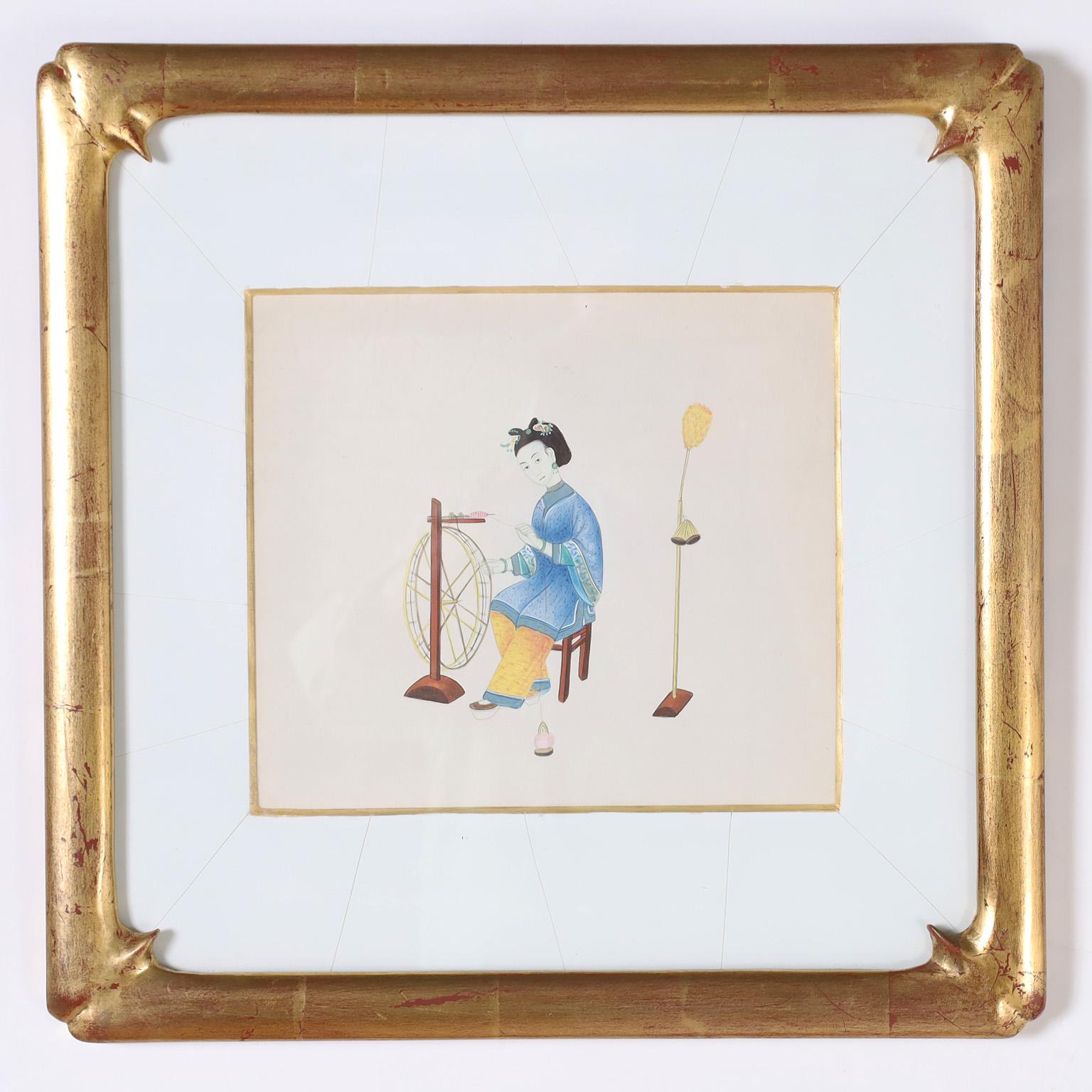 Set of Eight Chinese Watercolors of Working Women For Sale 1
