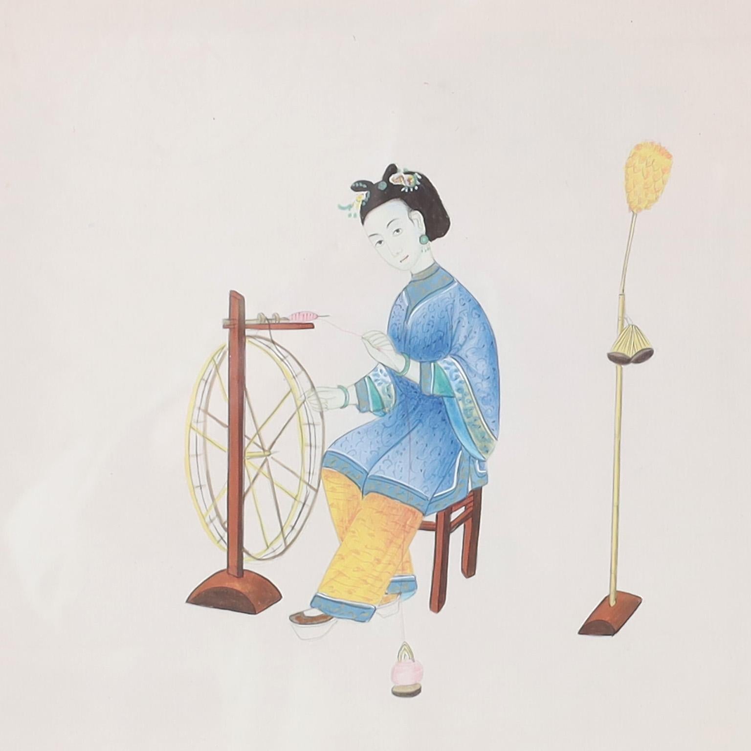 Set of Eight Chinese Watercolors of Working Women For Sale 2