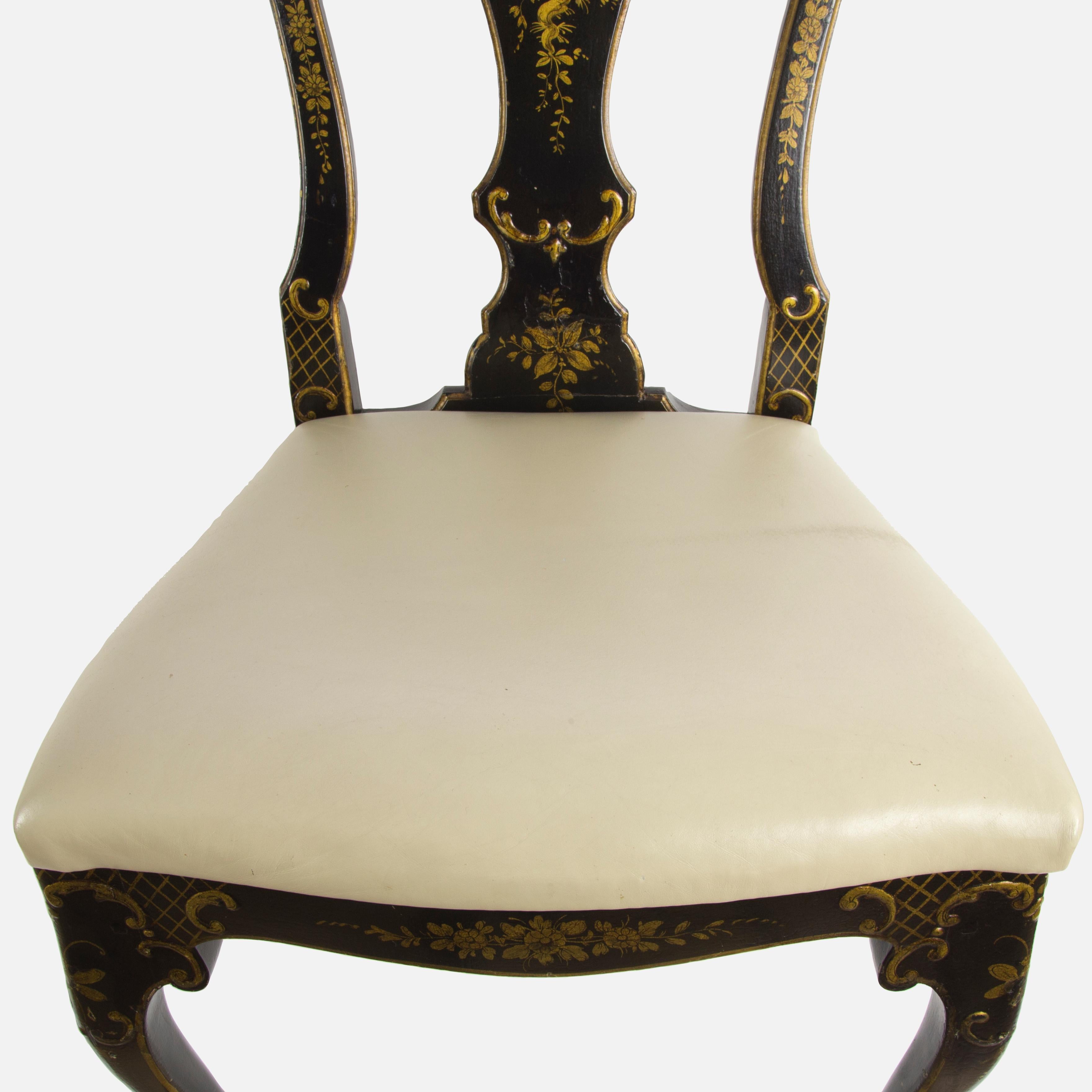 Late 19th Century Set of Eight Chinoiserie Ebonized Wood Dining and Leather Seat Chairs