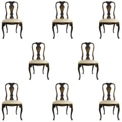 Antique Set of Eight Chinoiserie Ebonized Wood Dining and Leather Seat Chairs