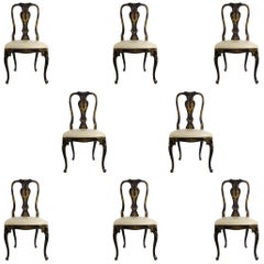 Set of Eight Chinoiserie Ebonized Wood Dining and Leather Seat Chairs