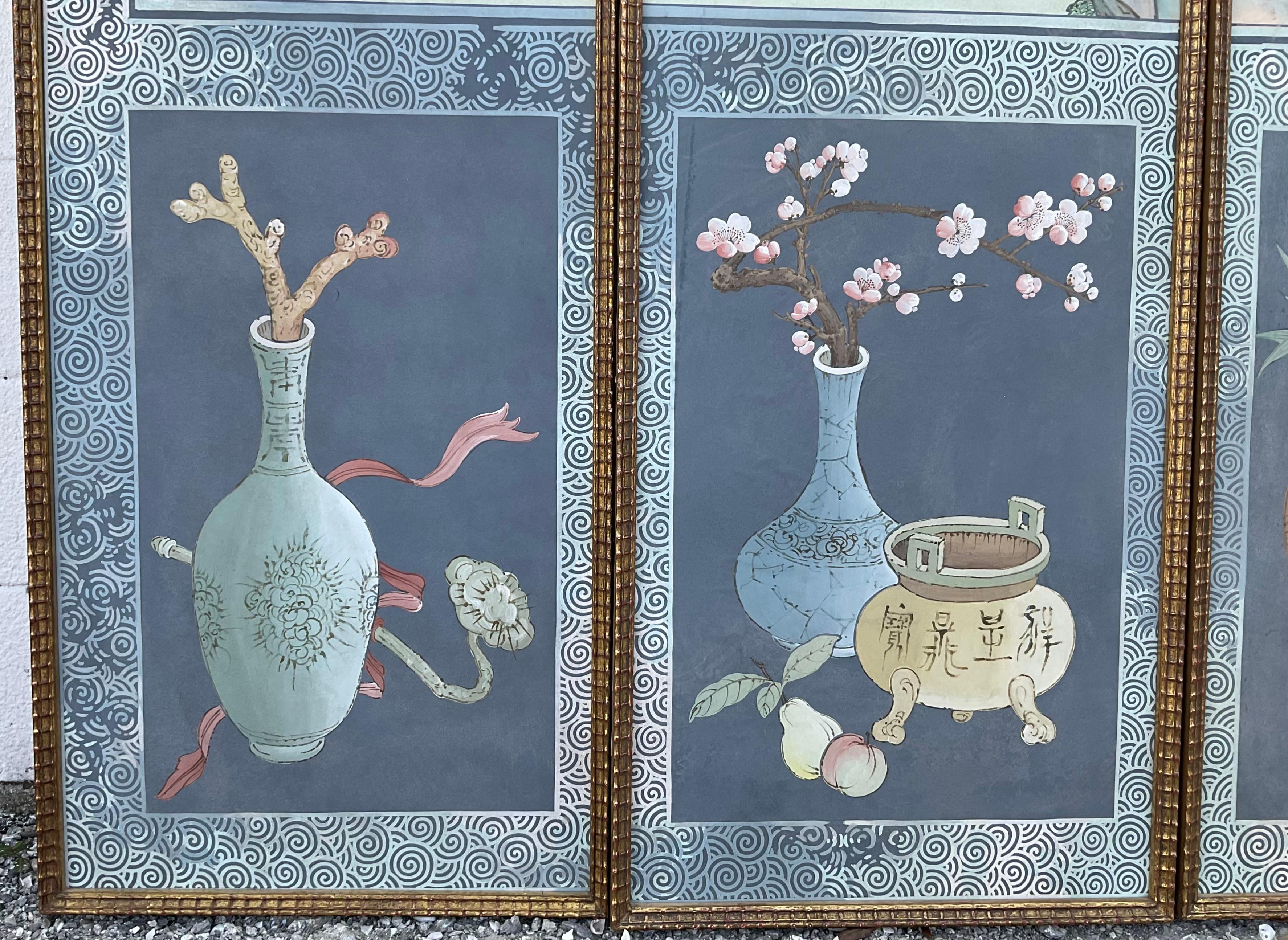 Set Of Eight Chinoiserie Painted Wallpaper Panels 5