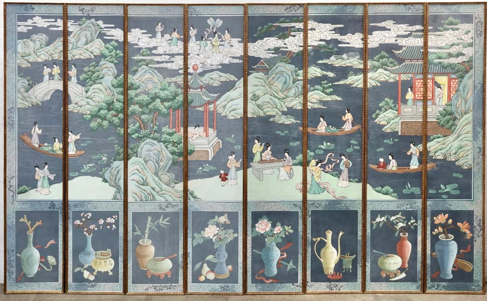 Stunning set of eight Chinese Wallpaper Chinoiserie painted panels. Mounted in ripple carved giltwood frames. Each panel can stand on it's own or together panels tell a story with Asian characters and scenery. Bottom of each panel features a Chinese