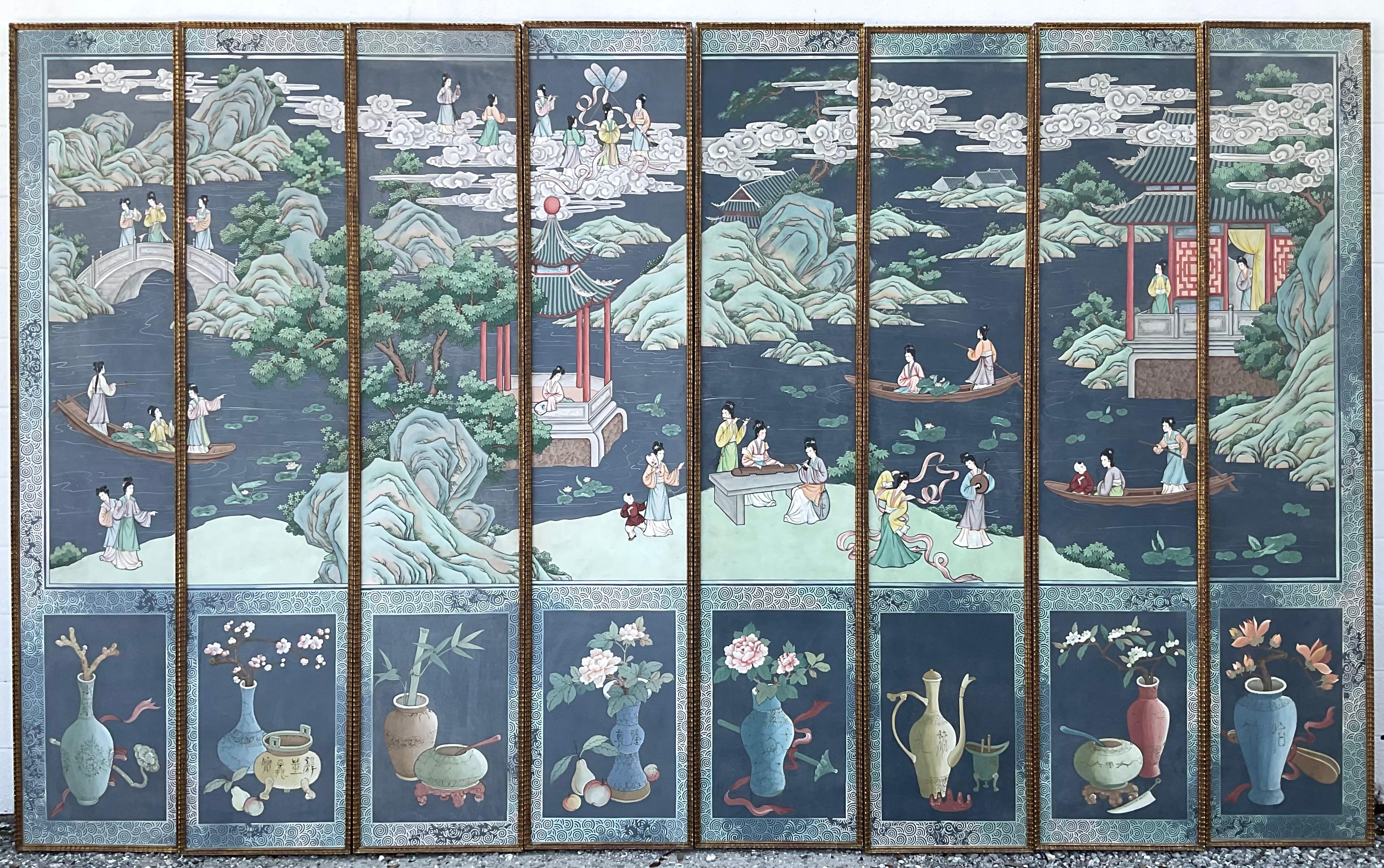 Chinese Set Of Eight Chinoiserie Painted Wallpaper Panels