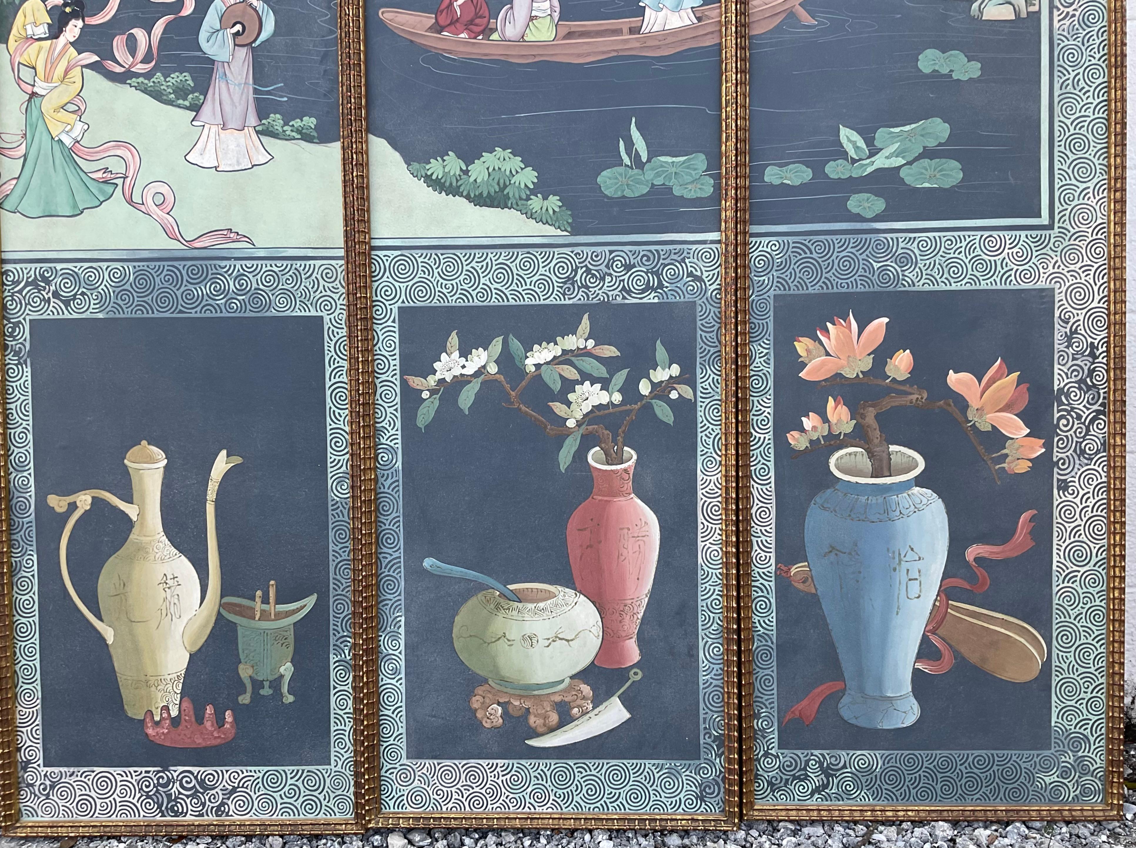 Set Of Eight Chinoiserie Painted Wallpaper Panels In Good Condition In Bradenton, FL