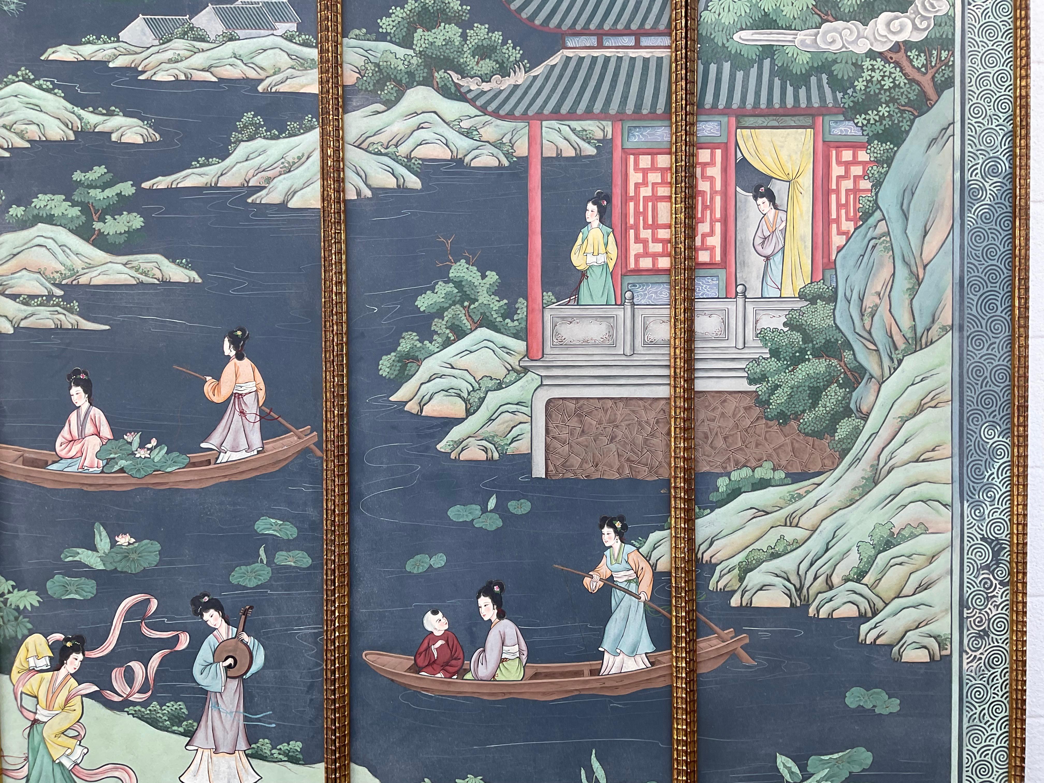 20th Century Set Of Eight Chinoiserie Painted Wallpaper Panels