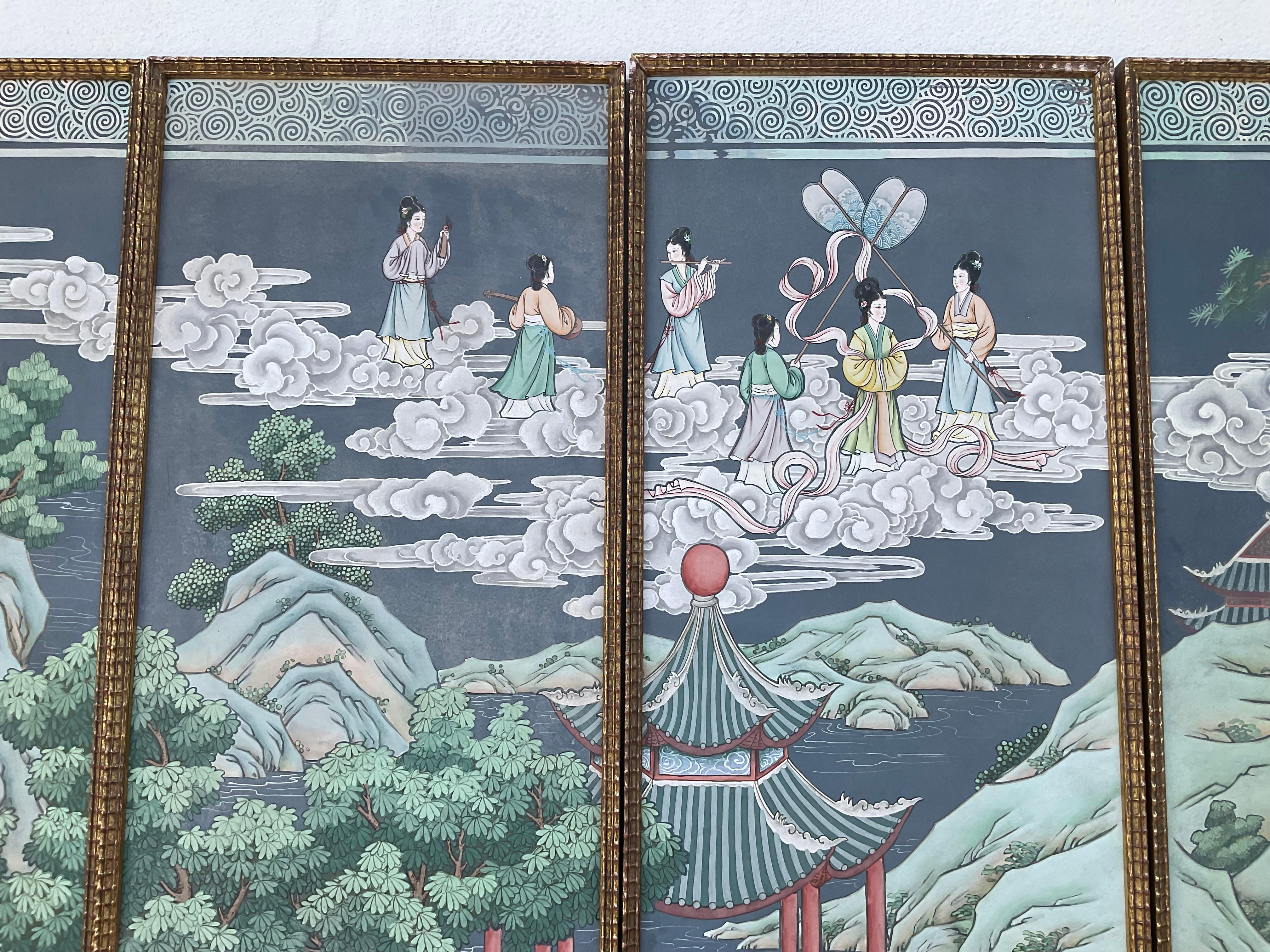 Set Of Eight Chinoiserie Painted Wallpaper Panels 2