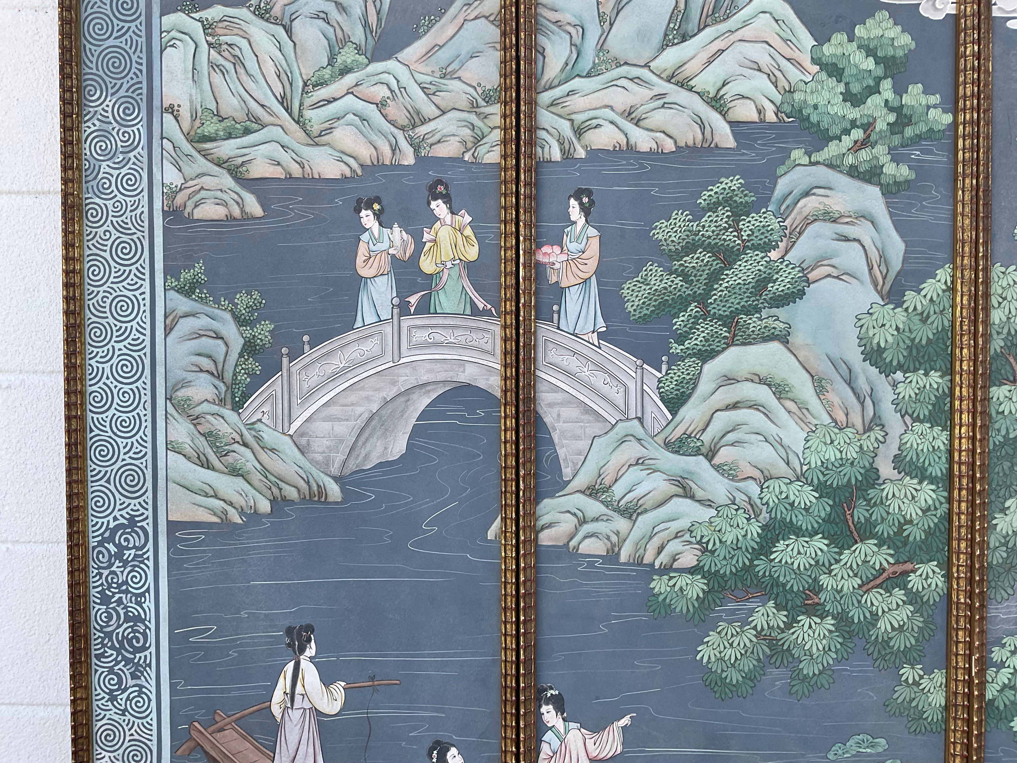 Set Of Eight Chinoiserie Painted Wallpaper Panels 4