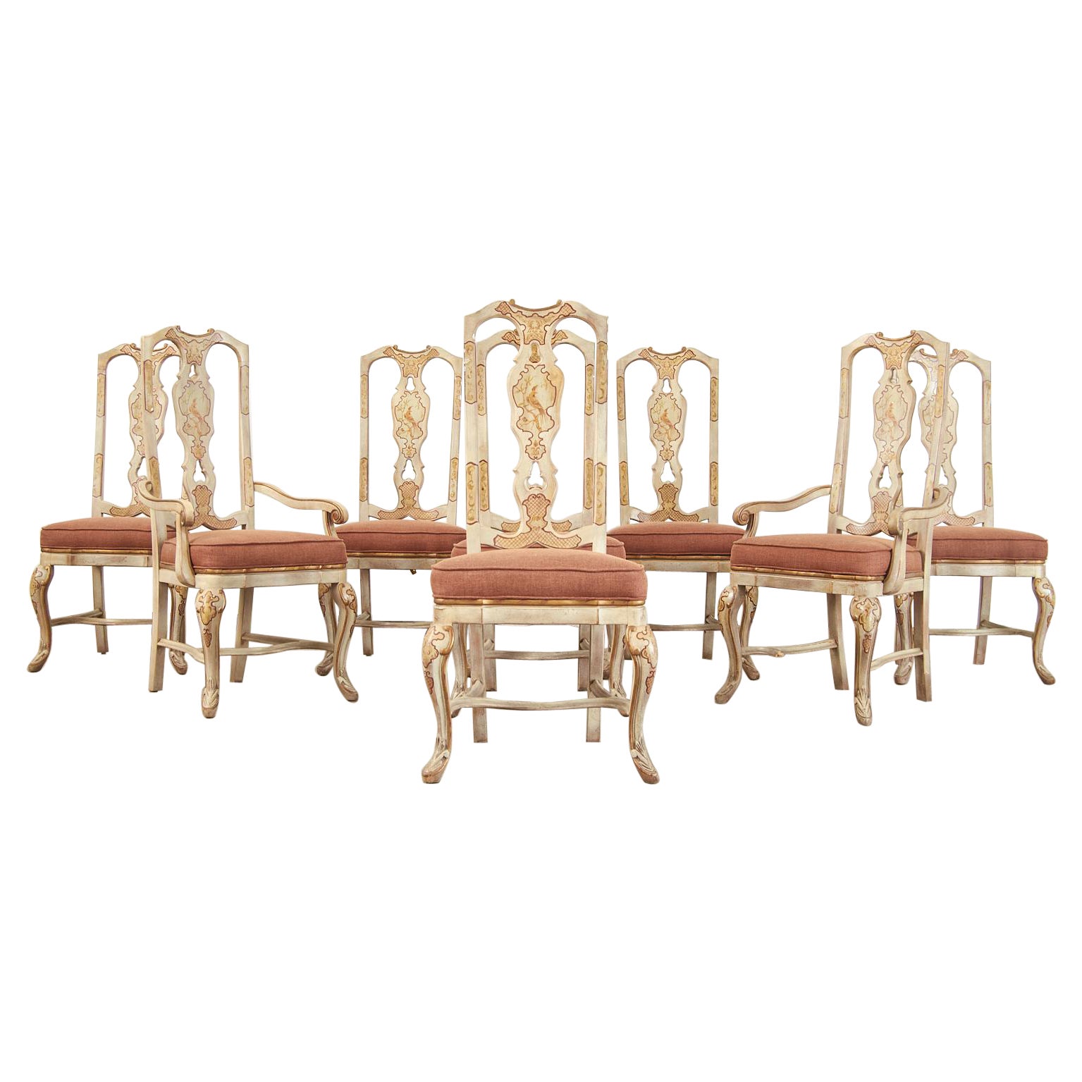 Set of Eight Chinoiserie Queen Anne Style Dining Chairs