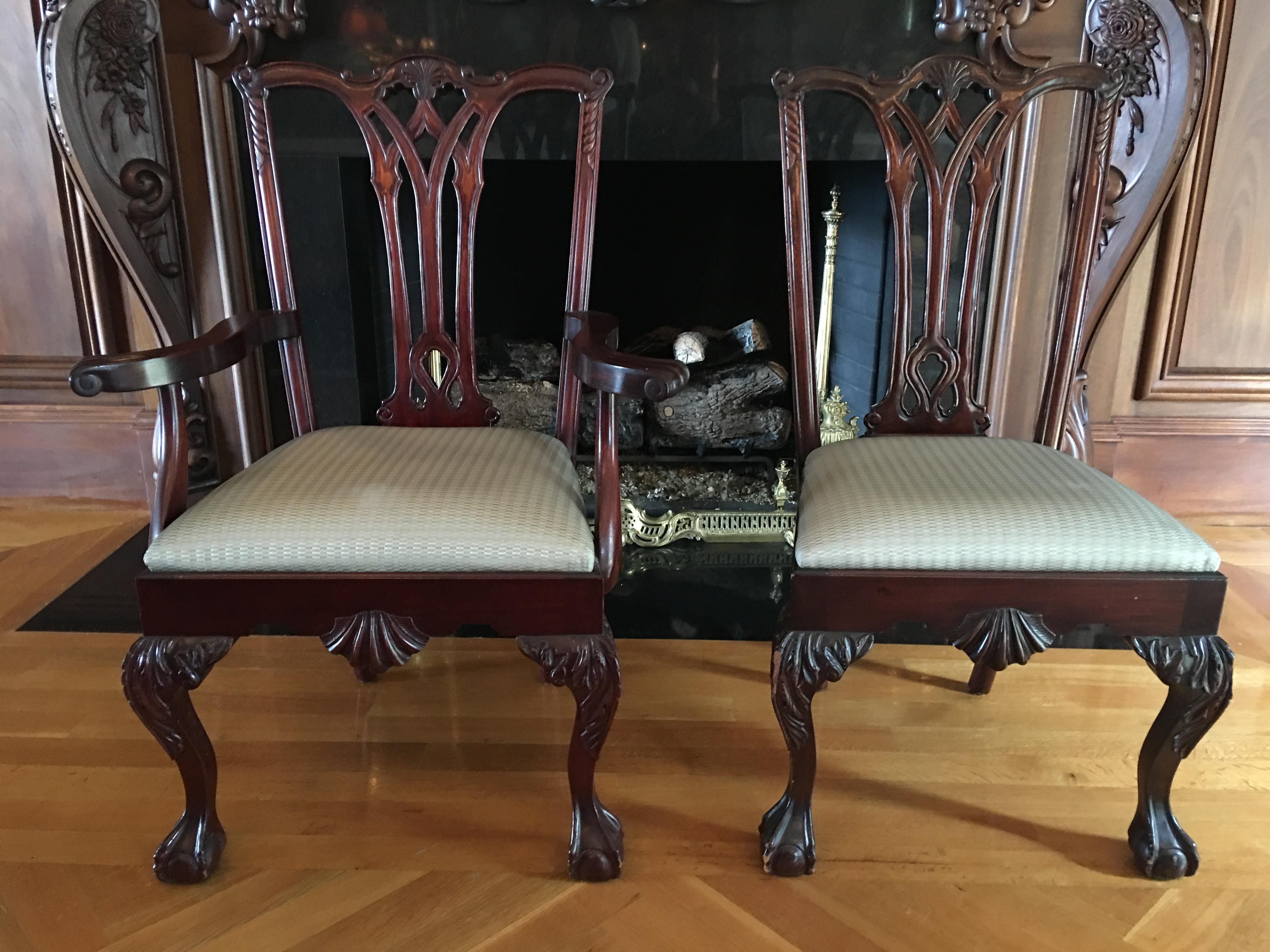 20th century set of eight Chippendale chairs, set composed by 6 side chairs and two armchairs. Dimensions: Side – 17.5” D x 41” H x 30.5” W / Arm 19” D x 40.75” H x 30.5” W.
 