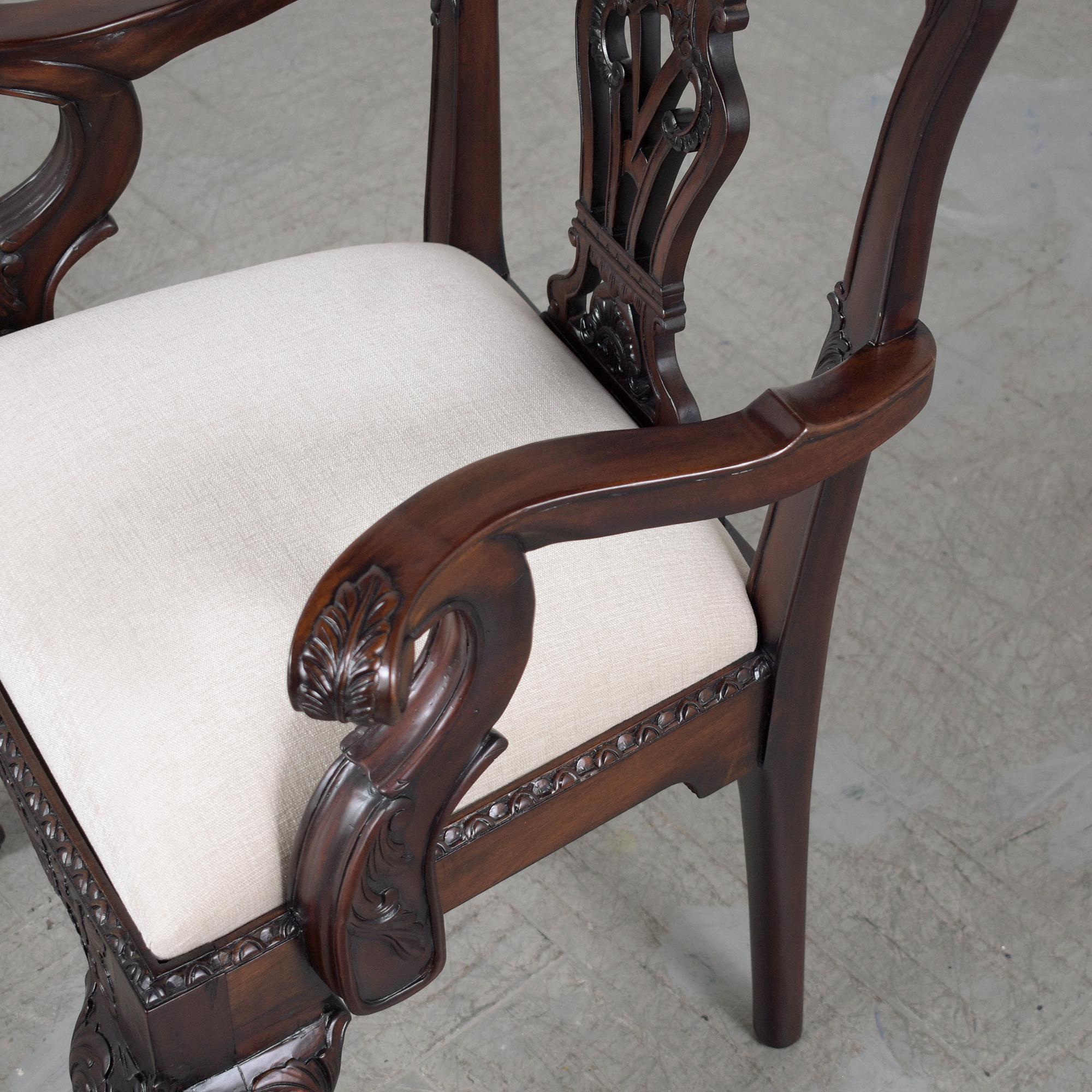 Set of 8 Restored Chippendale-Style Mahogany Dining Chairs with Ivory Upholstery 3