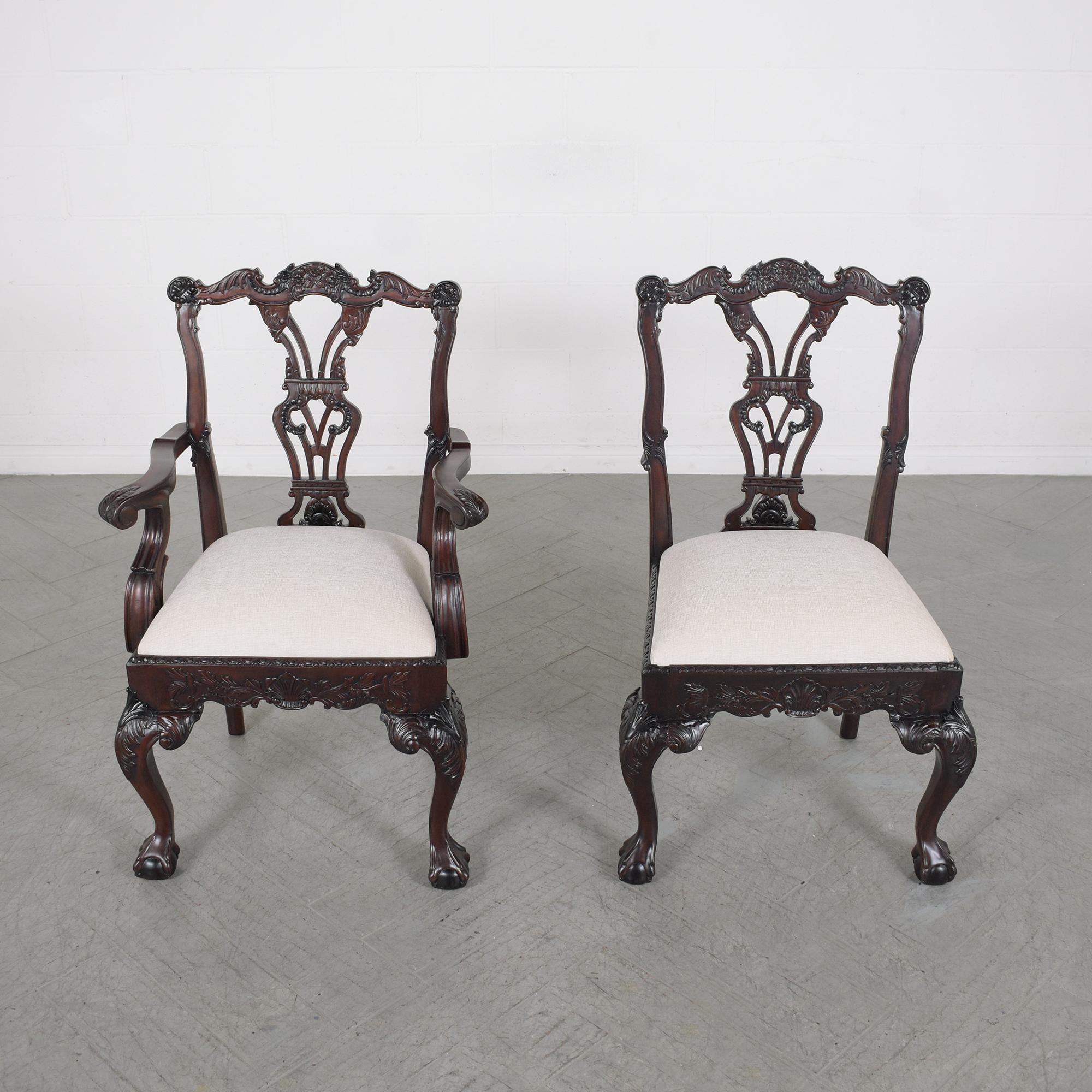 Patinated Set of 8 Restored Chippendale-Style Mahogany Dining Chairs with Ivory Upholstery