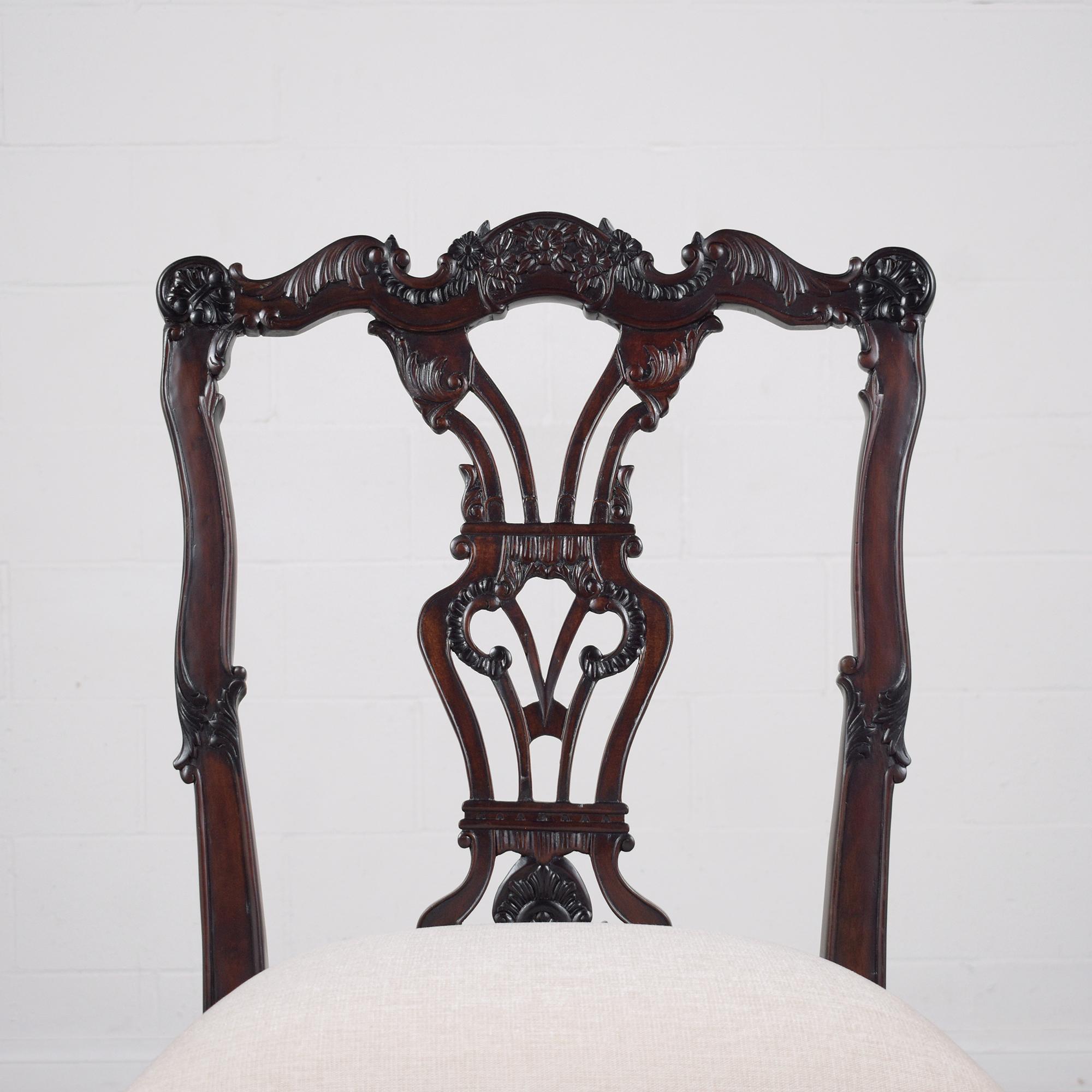 Set of 8 Restored Chippendale-Style Mahogany Dining Chairs with Ivory Upholstery In Good Condition In Los Angeles, CA